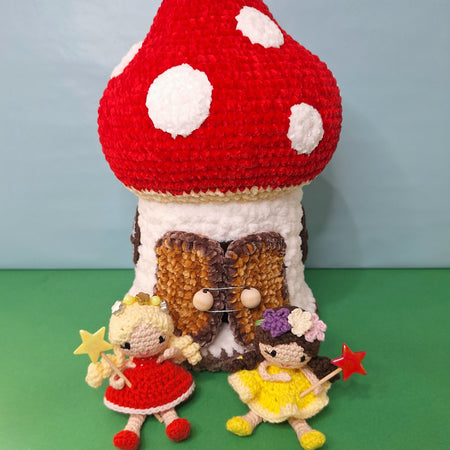 Crocheted Mushroom House Play Set with Two Fairies