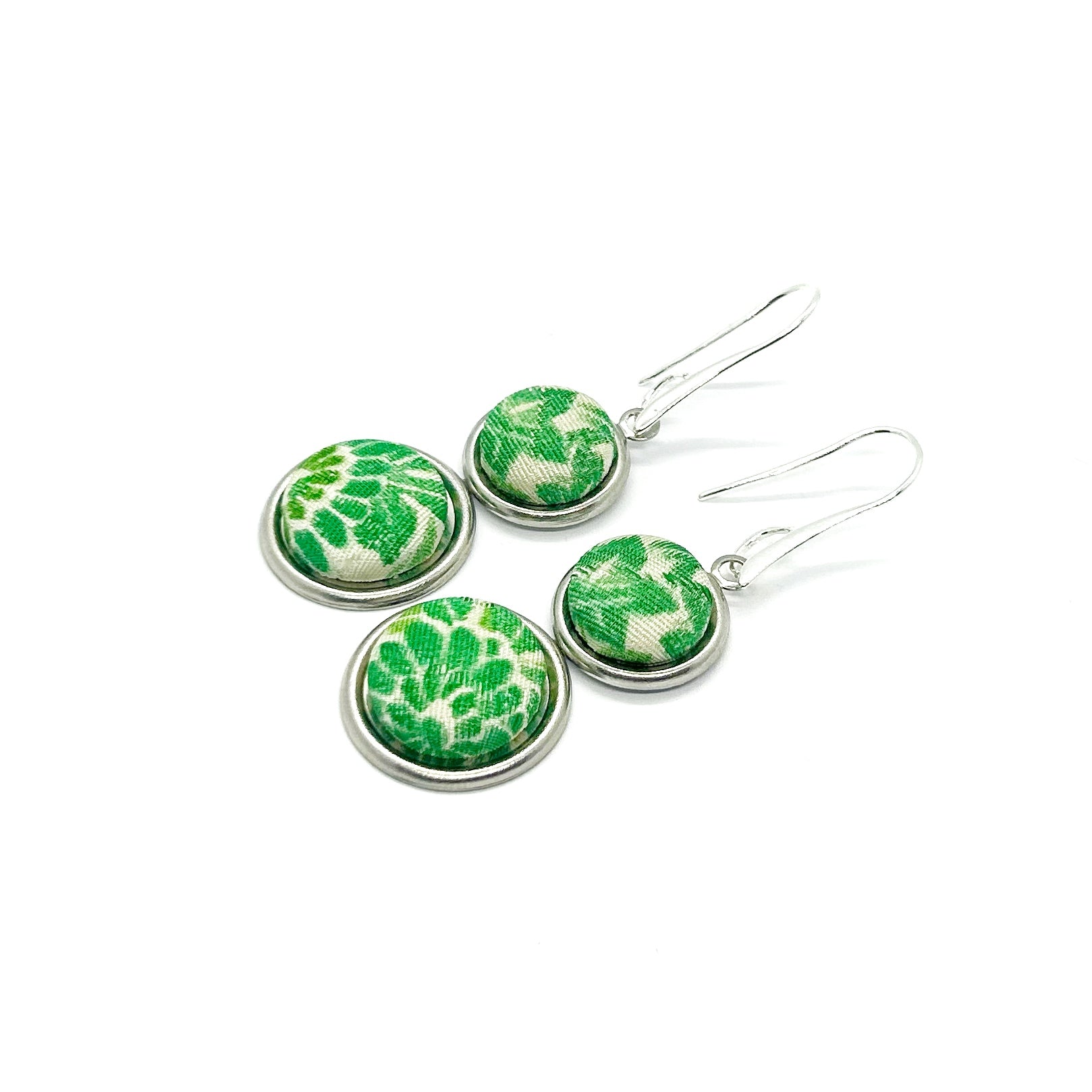 Double Drop Kimono Fabric Button Earrings - Green Maple