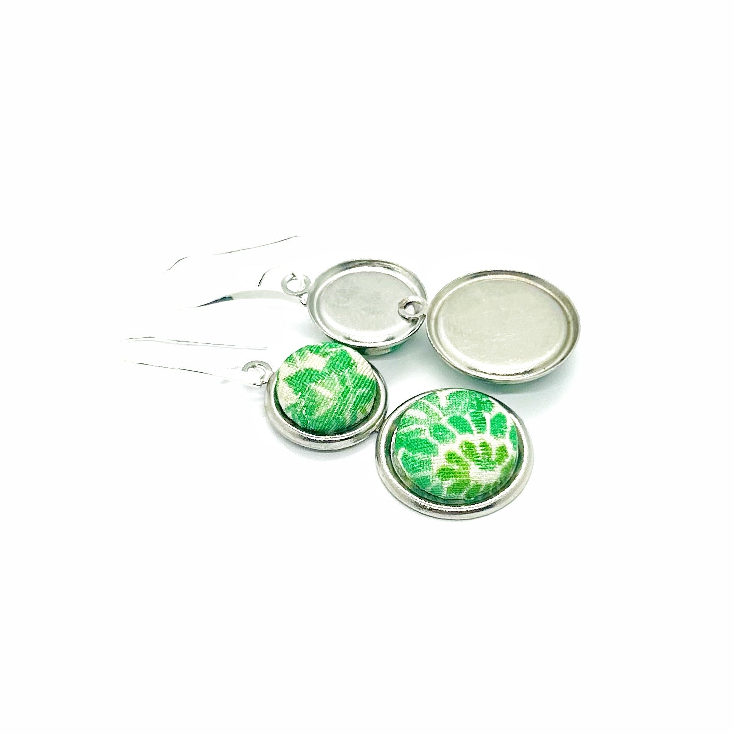 Double Drop Kimono Fabric Button Earrings - Green Maple
