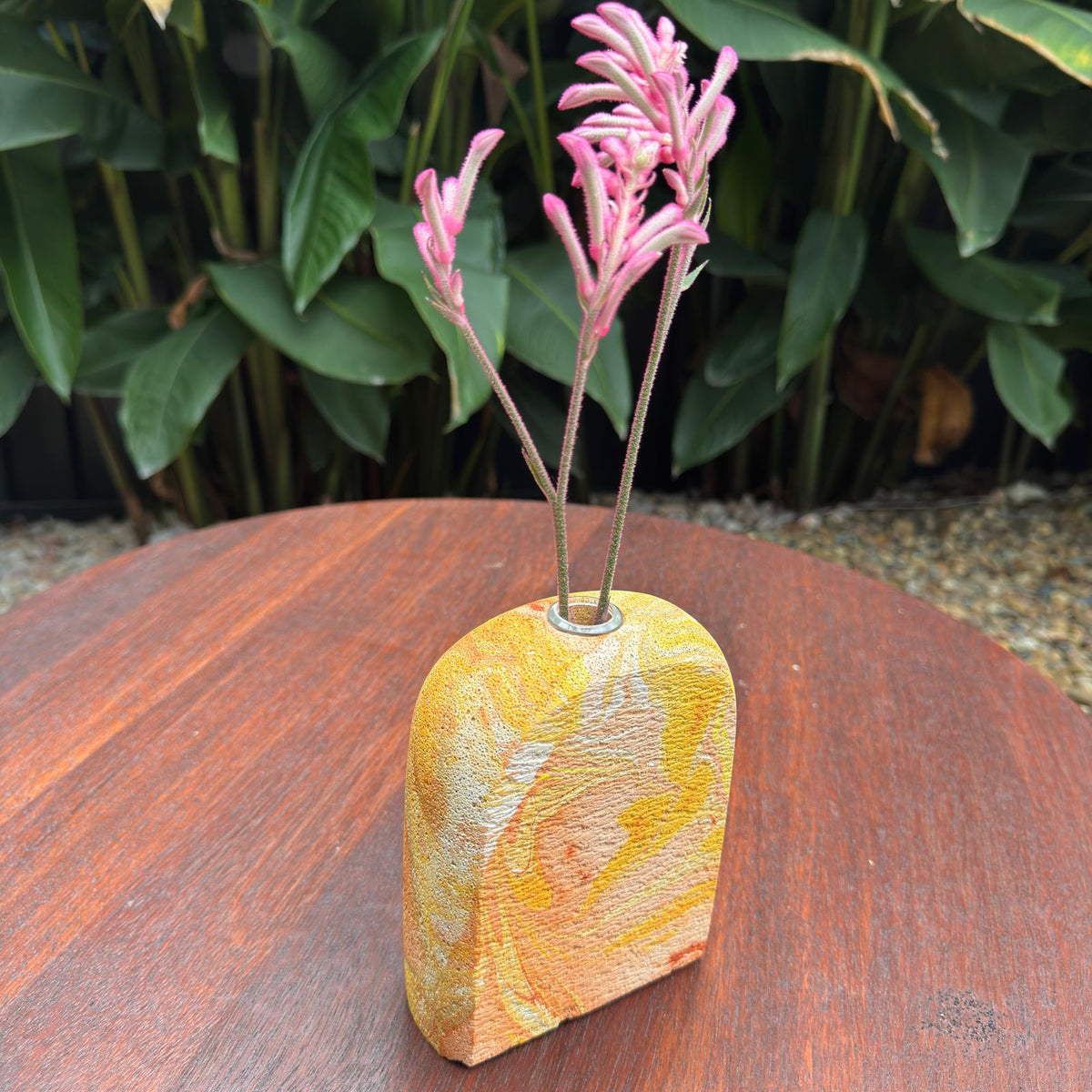 Hand sculpted concrete test tube vase in sunset colours