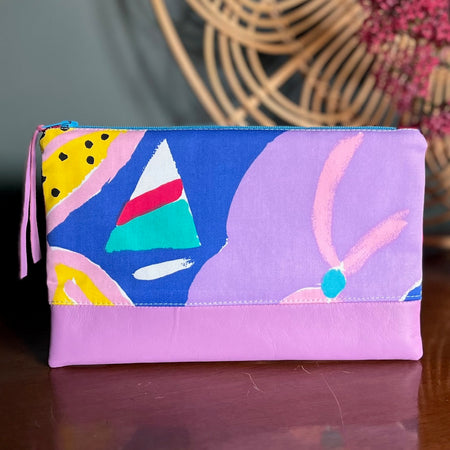Colourful, repurposed vintage fabric zip POUCH with leather