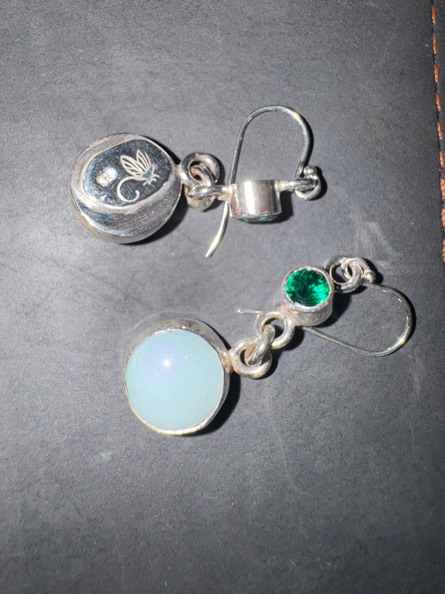 Sterling silver earrings featuring lab-created emeralds and amazonite