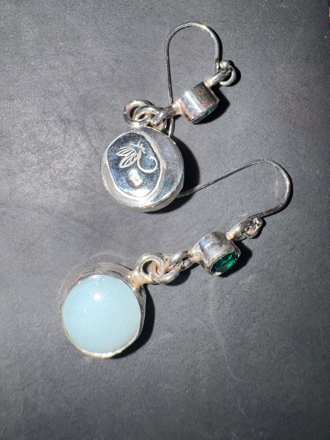 Sterling silver earrings featuring lab-created emeralds and amazonite