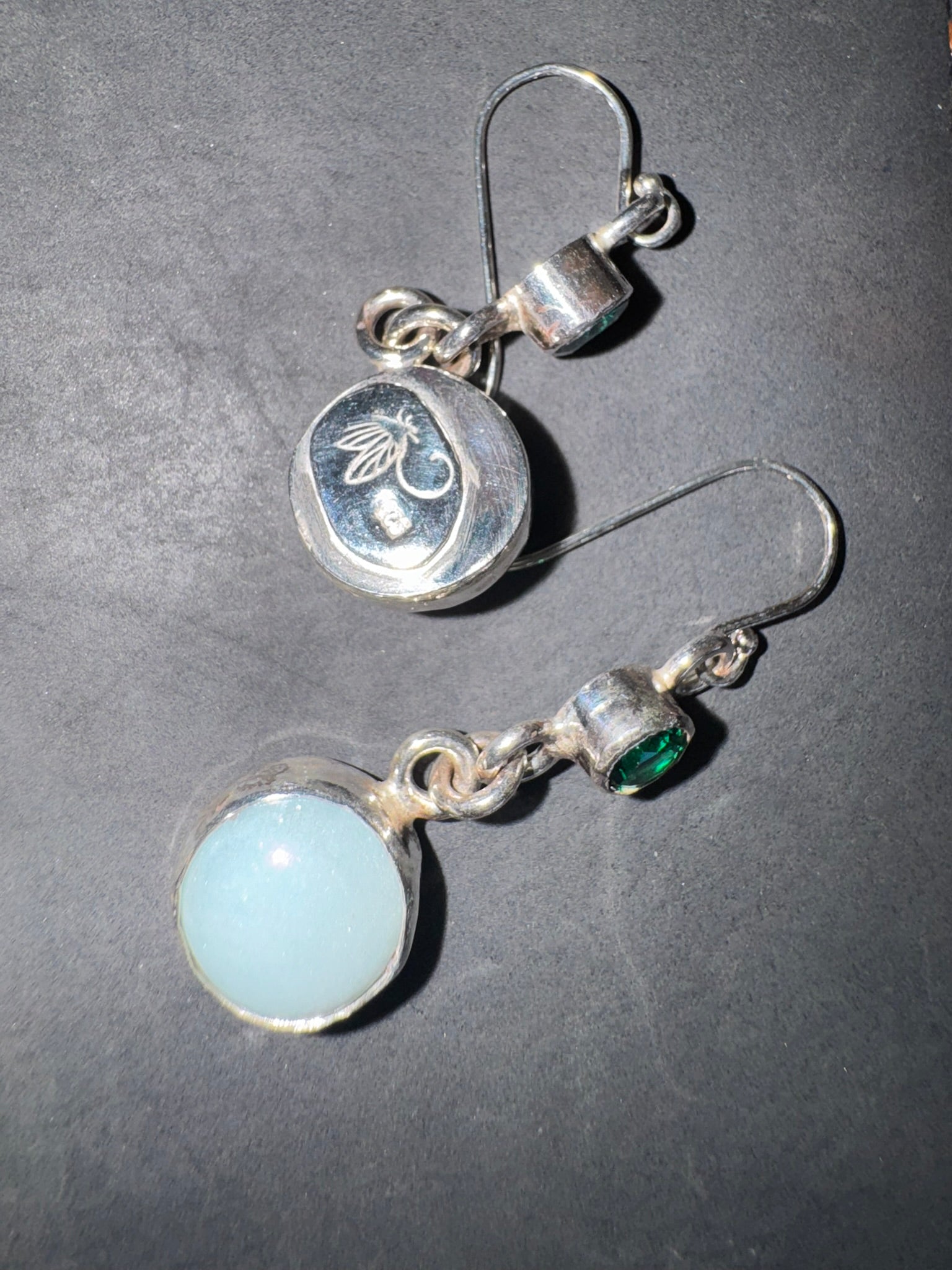 Sterling silver earrings featuring lab-created emeralds and amazonite
