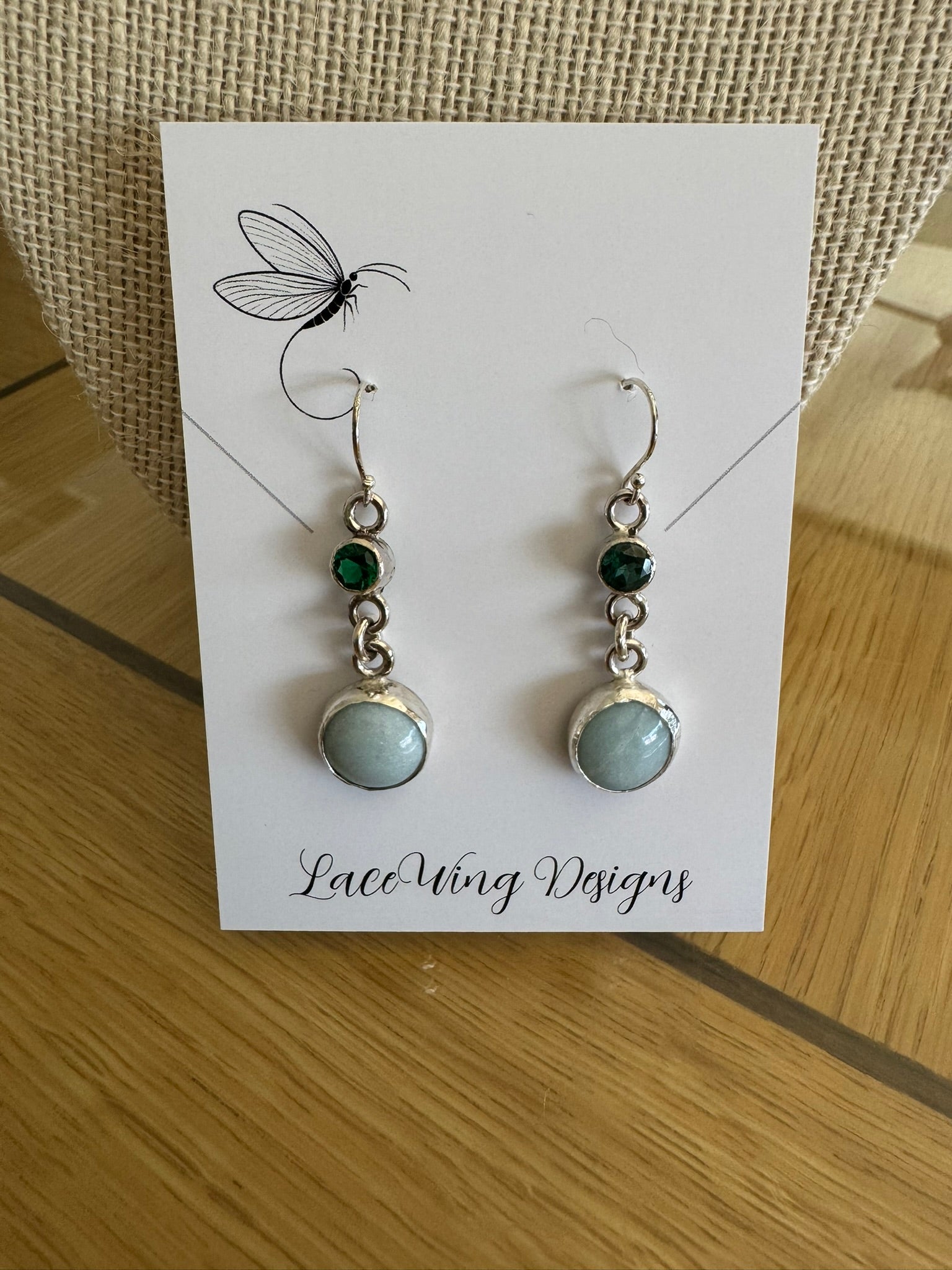 Sterling silver earrings featuring lab-created emeralds and amazonite