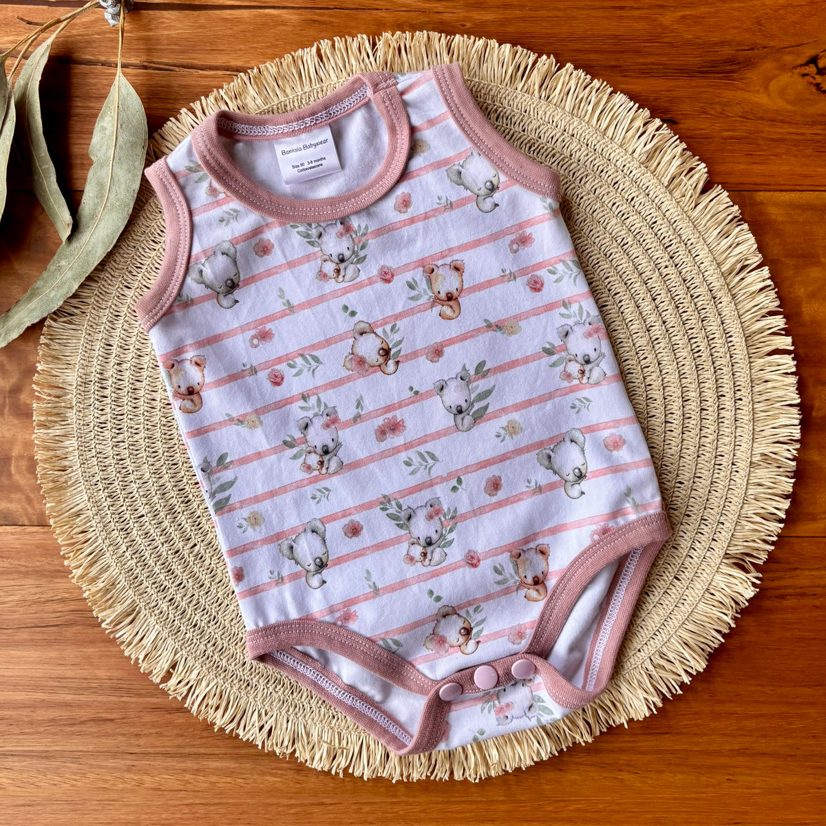Baby Tank Bodysuit | Pink Koala Stripe | Size premmie to 2 | Made to order