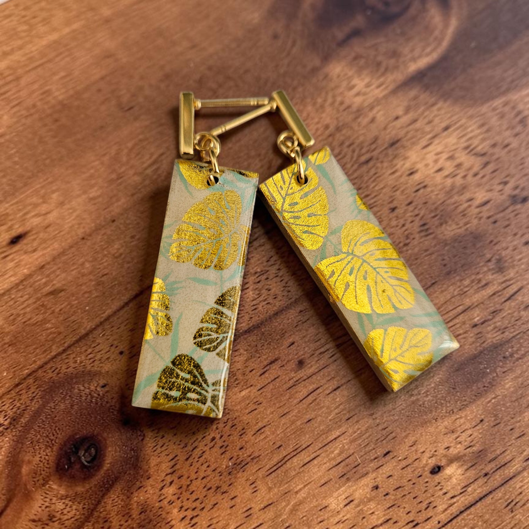 Unique Japanese Chiyogami Paper Earrings - Gold Monstera Print with Aqua White