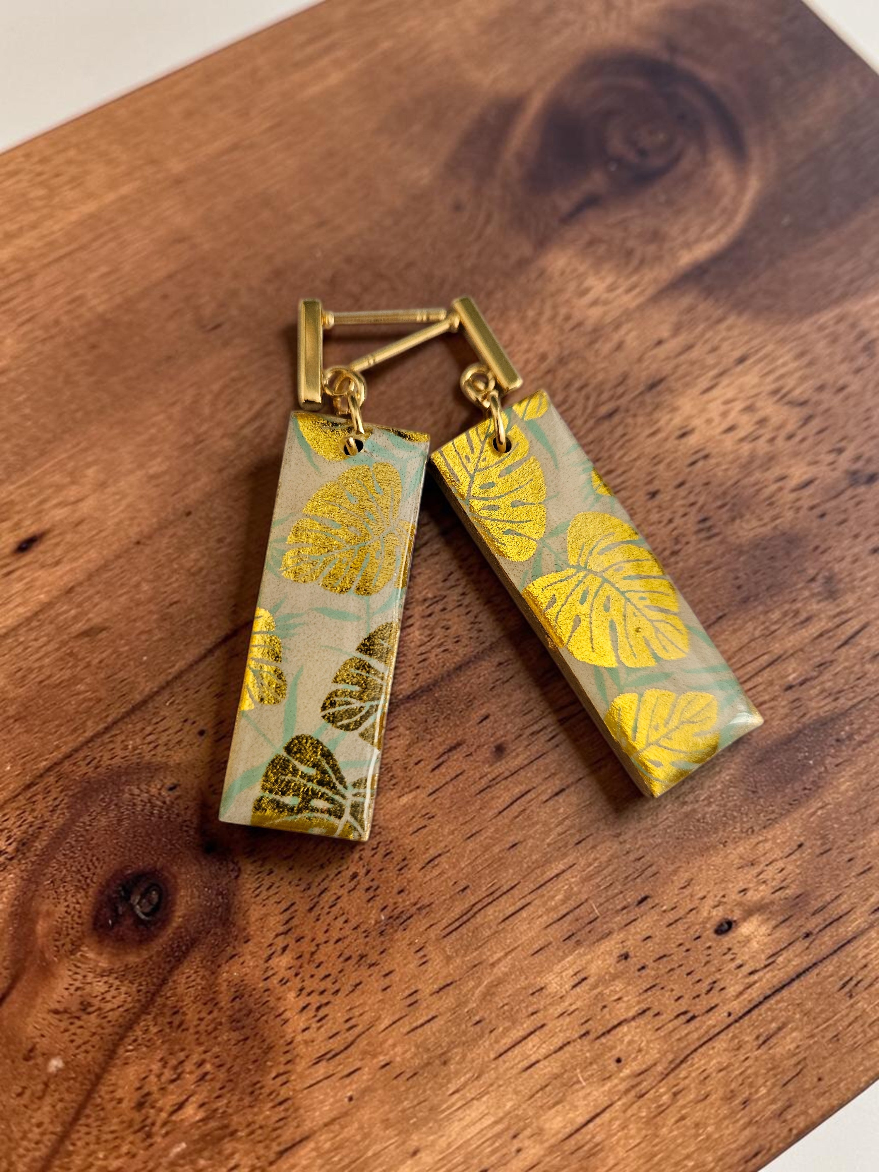 Unique Japanese Chiyogami Paper Earrings - Gold Monstera Print with Aqua White