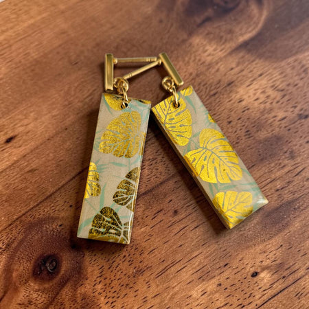 Unique Japanese Chiyogami Paper Earrings - Gold Monstera Print with Aqua White