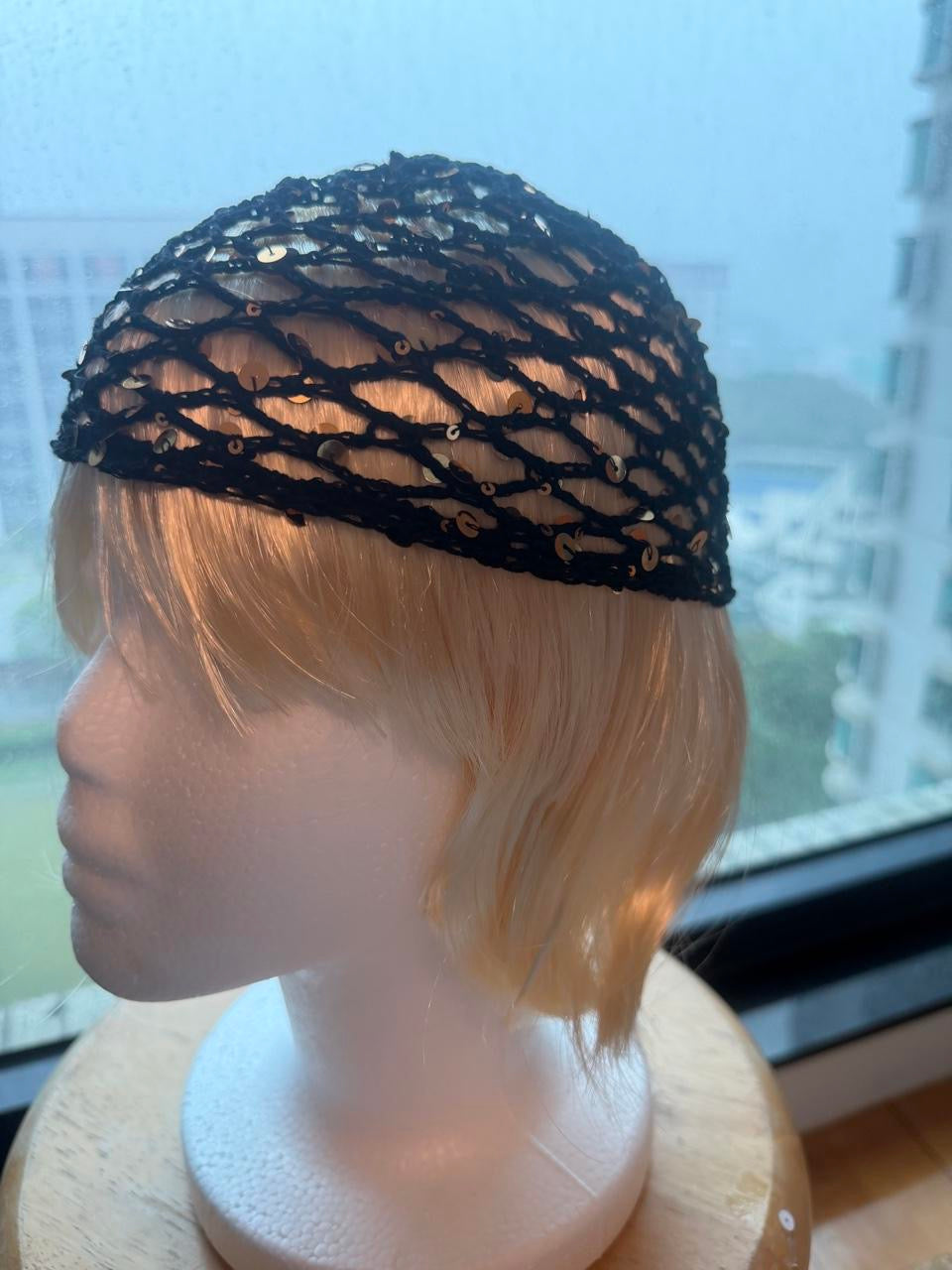 Black with Black Sequin Crochet Wave Hat