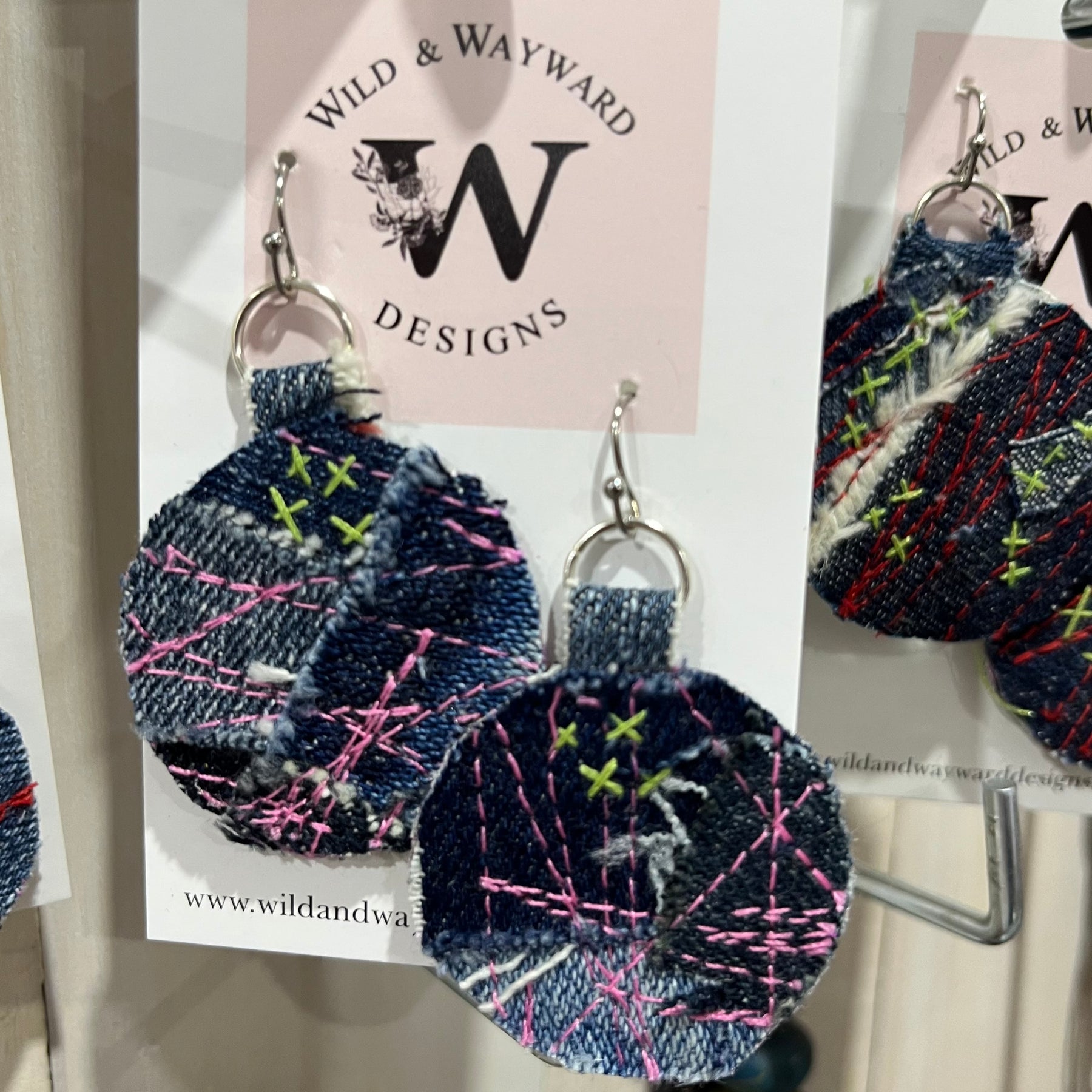 Textile Earrings Blue Pink and Green