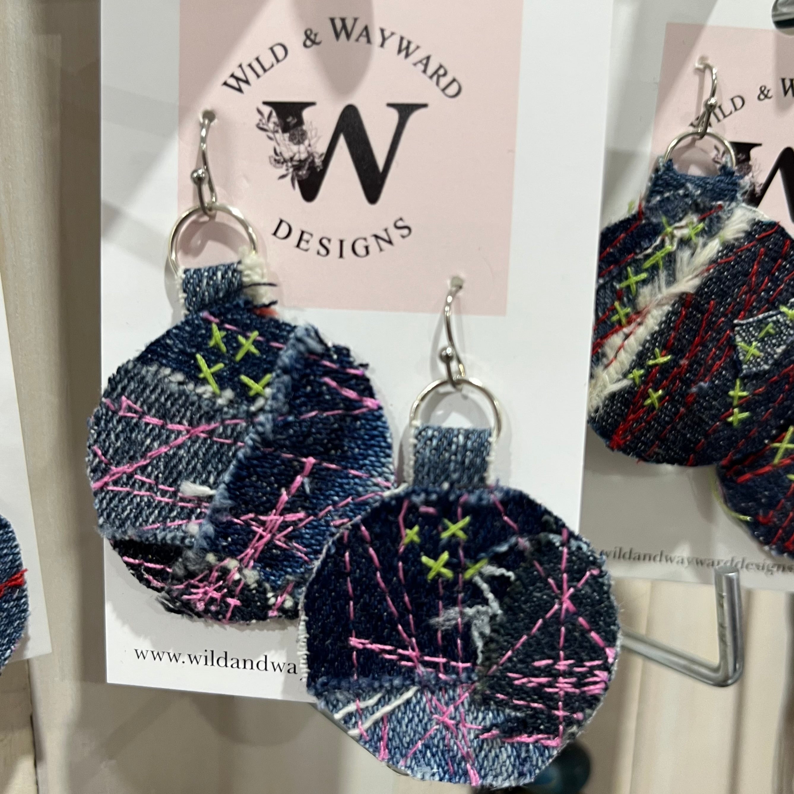 Textile Earrings Blue Pink and Green
