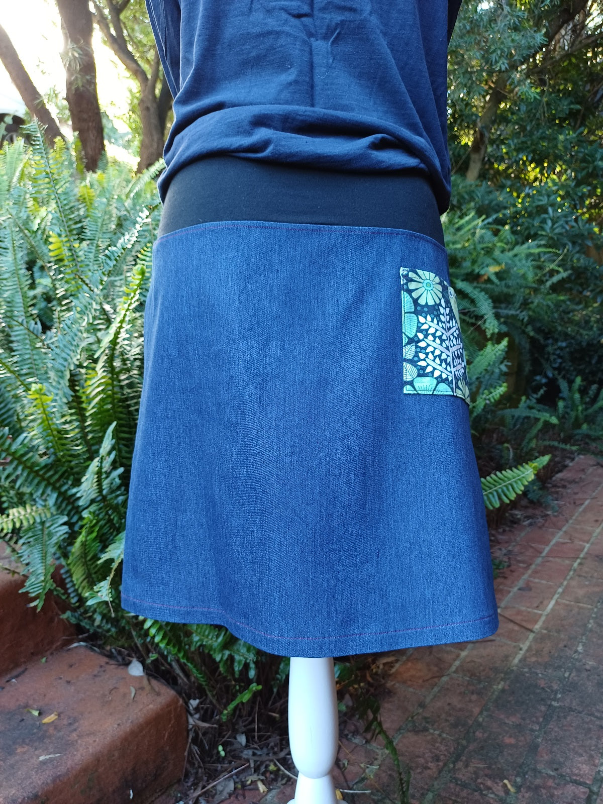 Bird Skirt in Green and Blue with Denim
