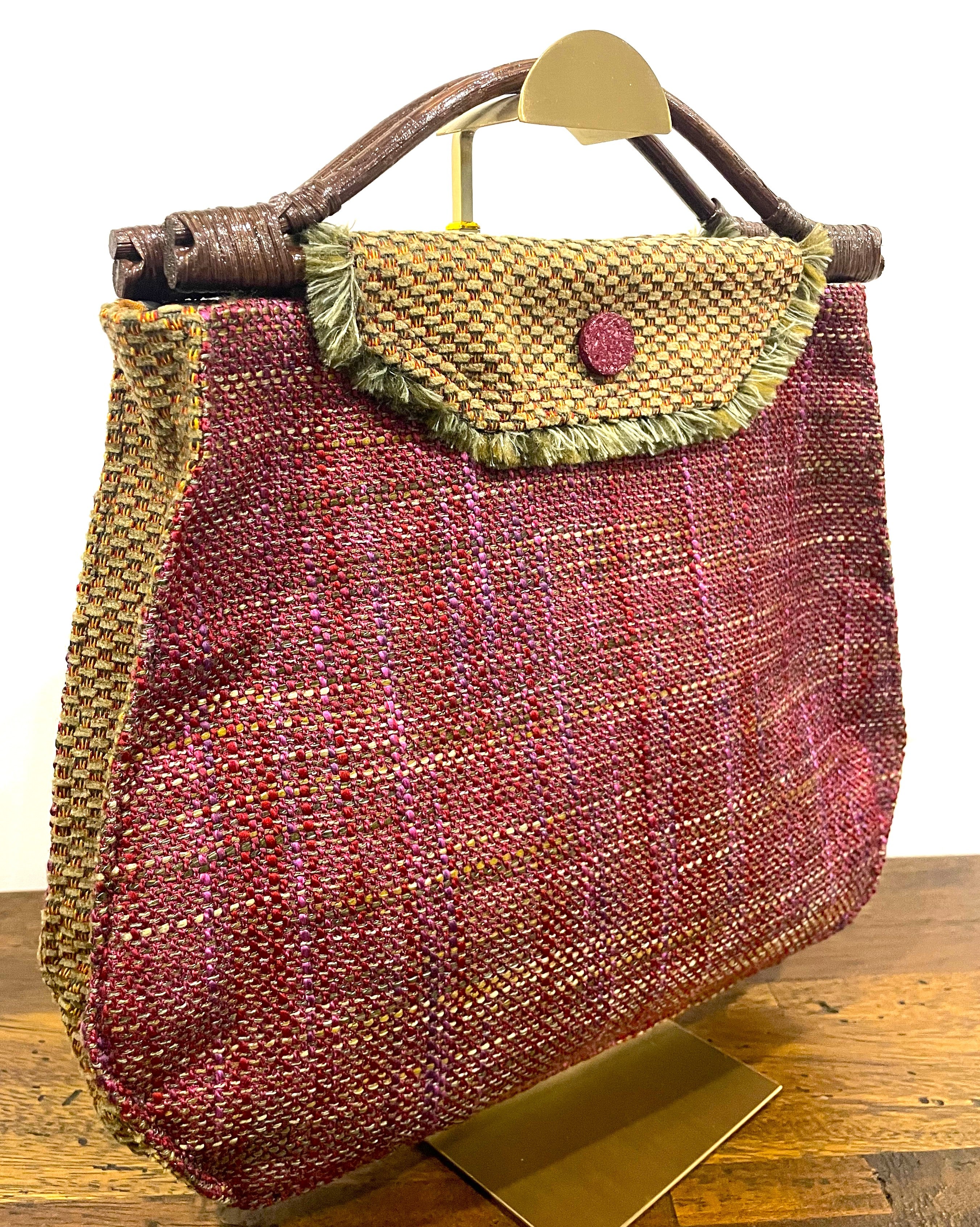Handmade Pink Woven Handbag with Bamboo Handles