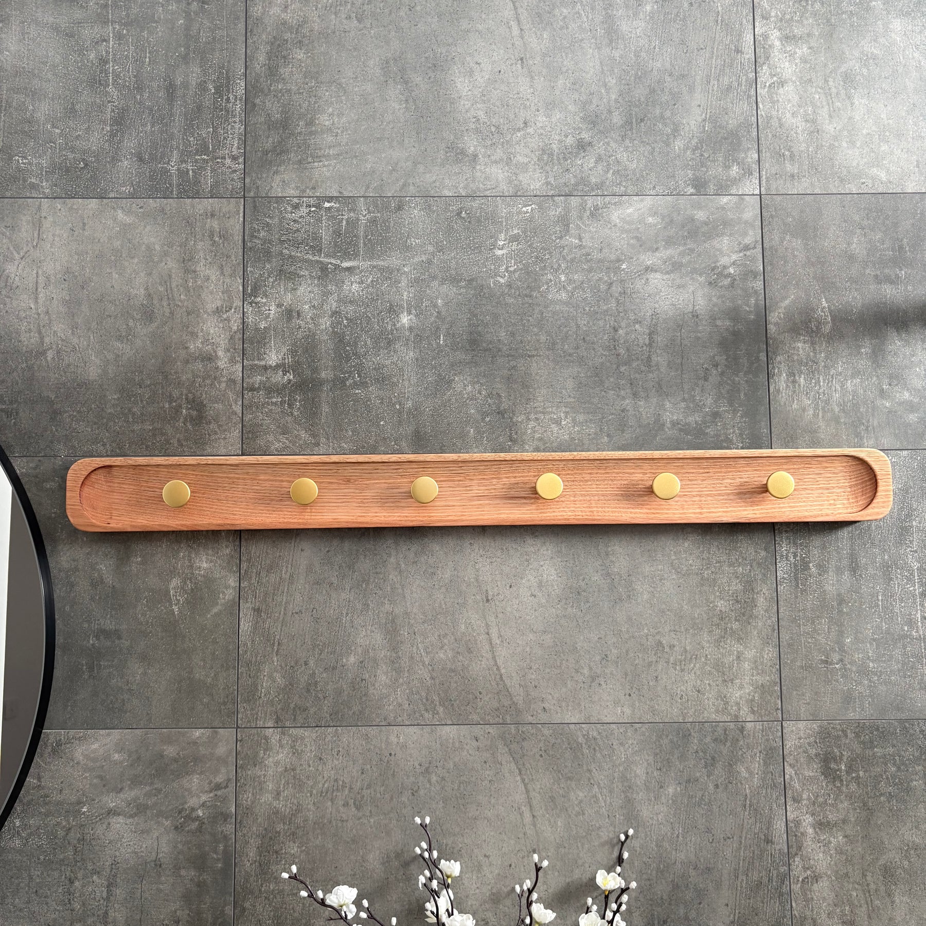 No.1 Tasmanian oak coat rack with gold hooks