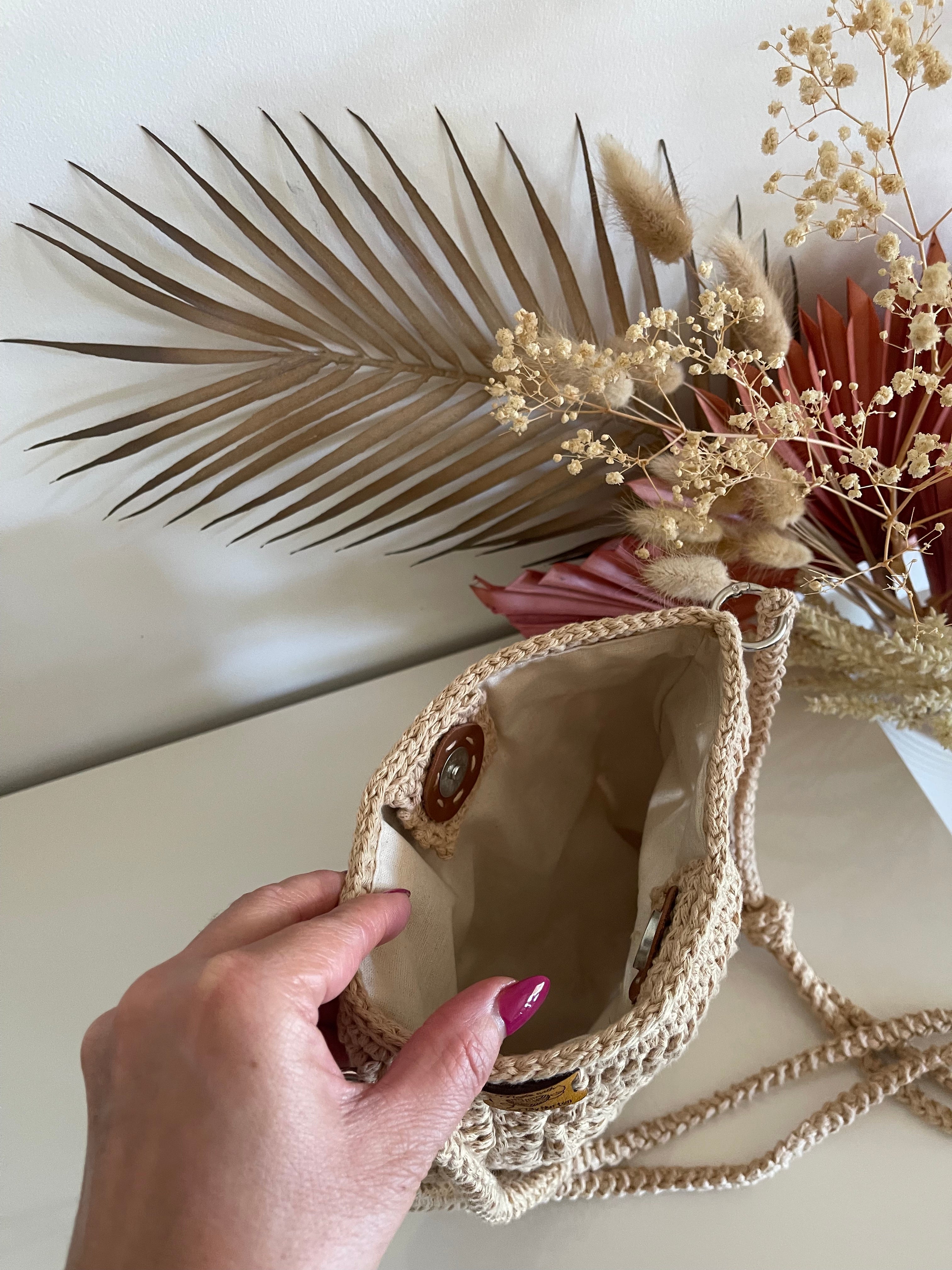 Handmade Crochet Crossbody Bag - Beige Boho Shoulder Bag, Fully Lined