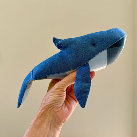Handmade denim whale plushie, Baby nursery decor