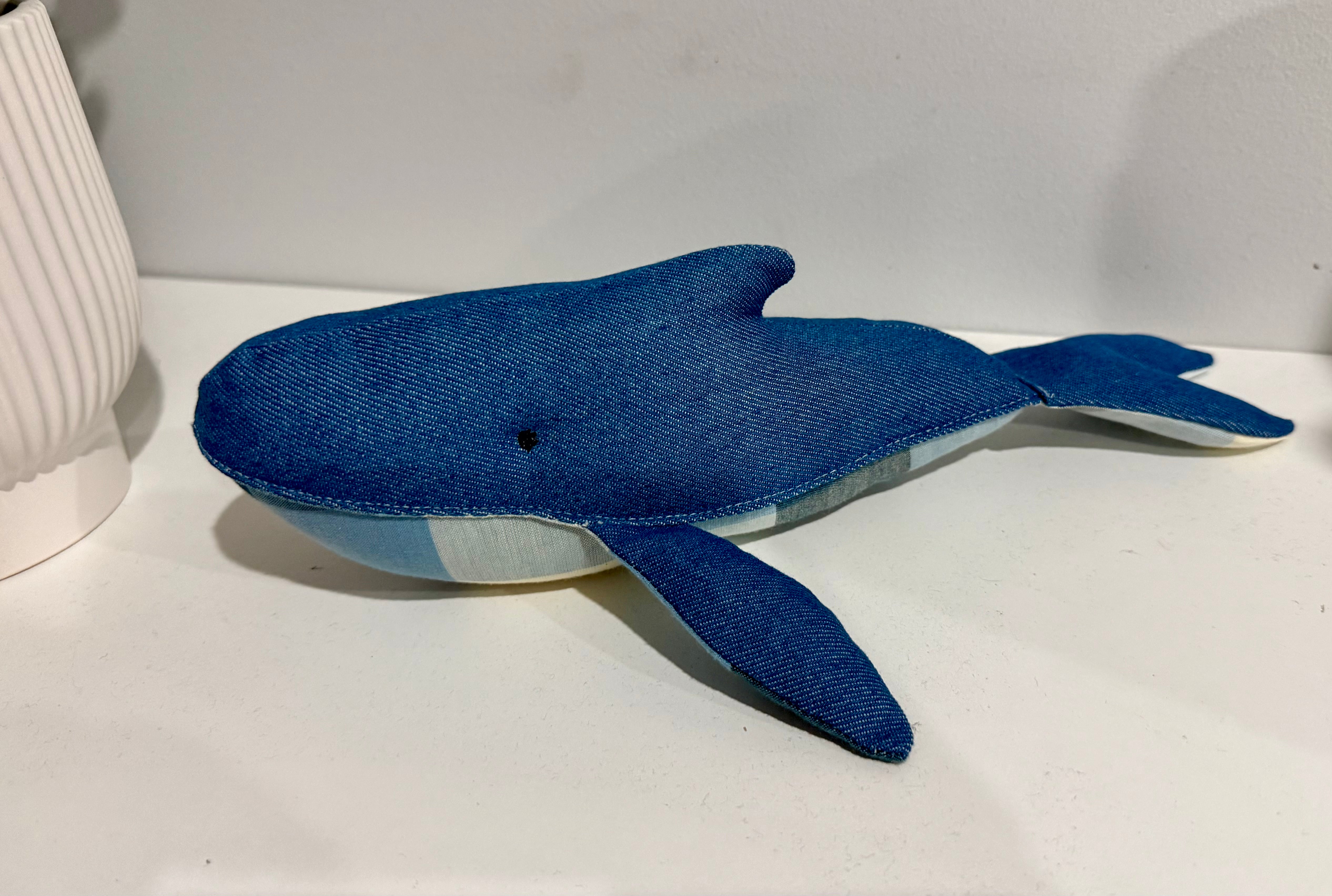 Handmade denim whale plushie, Baby nursery decor