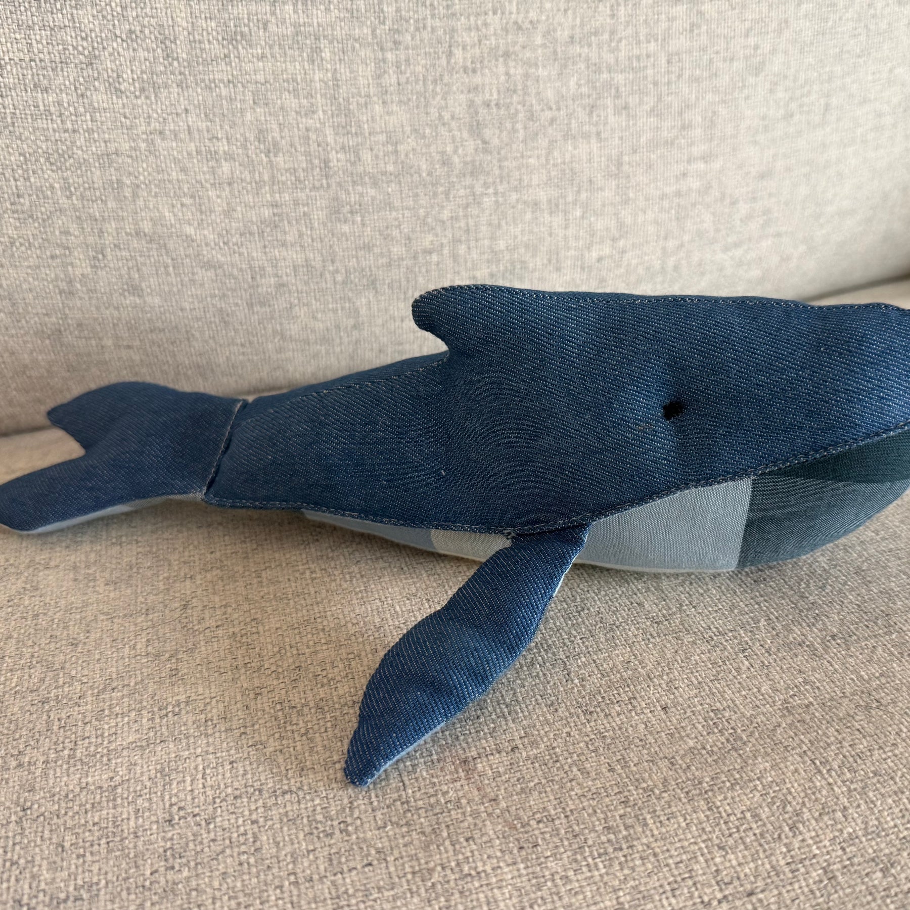 Handmade denim whale plushie, Baby nursery decor