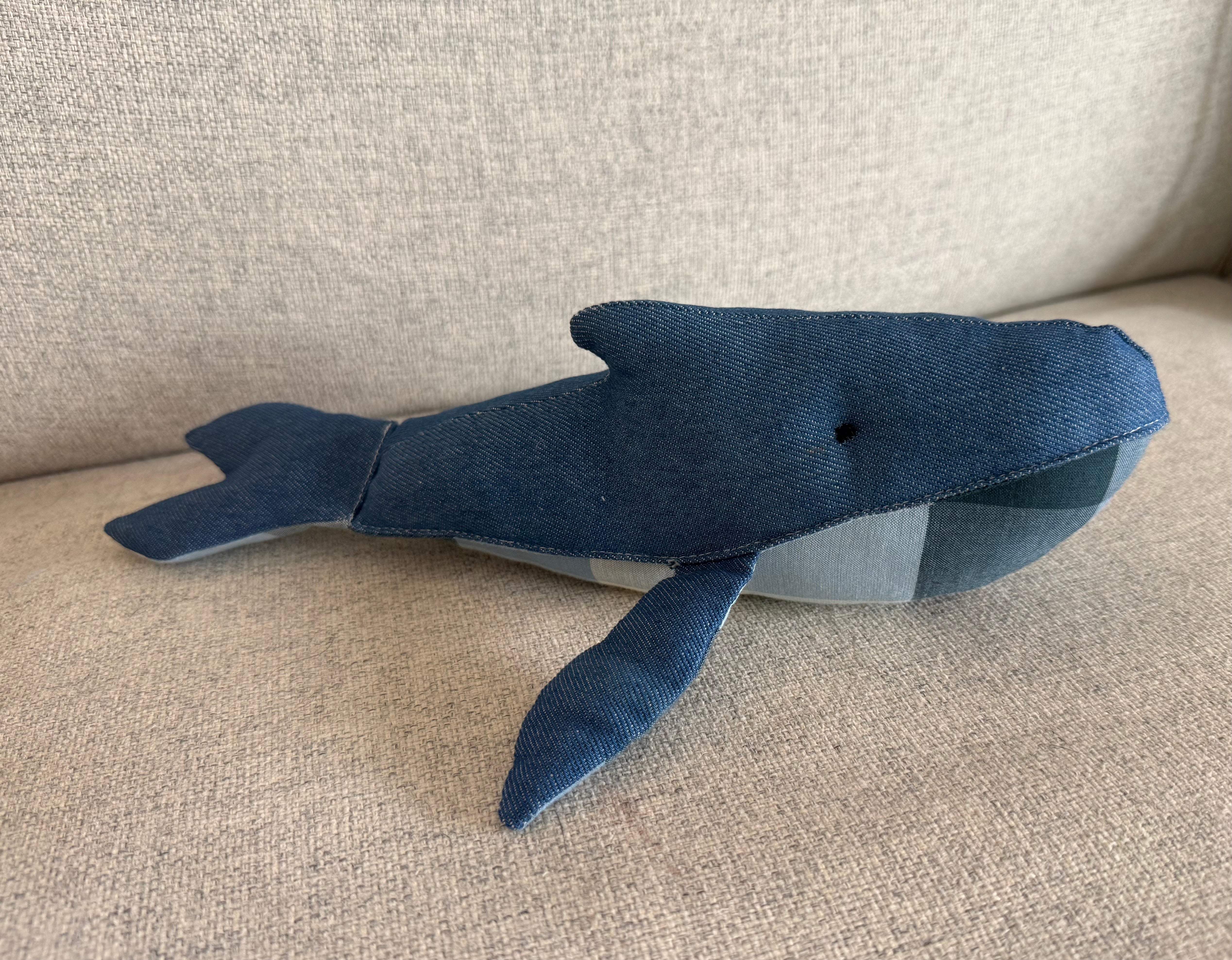 Handmade denim whale plushie, Baby nursery decor