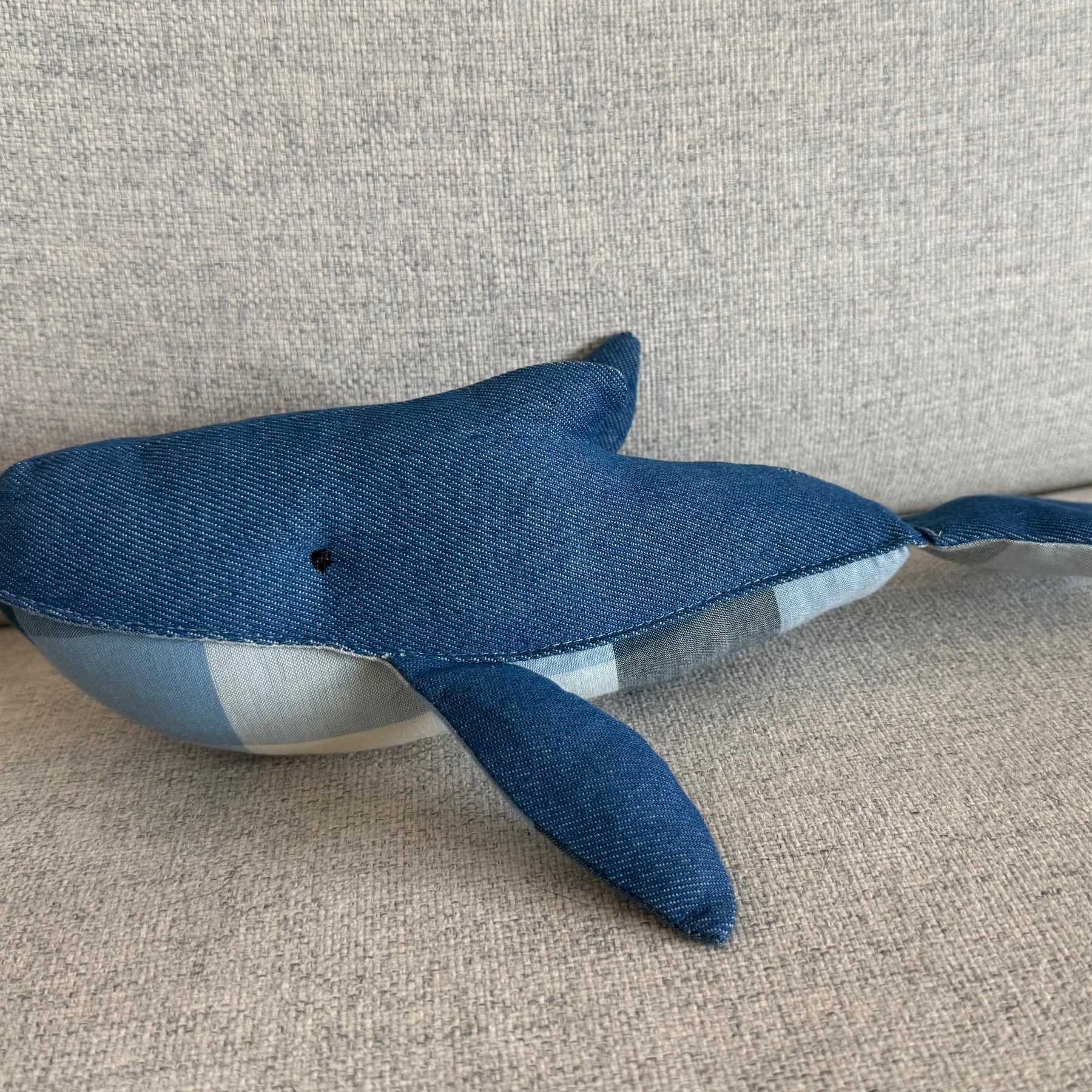 Handmade denim whale plushie, Baby nursery decor
