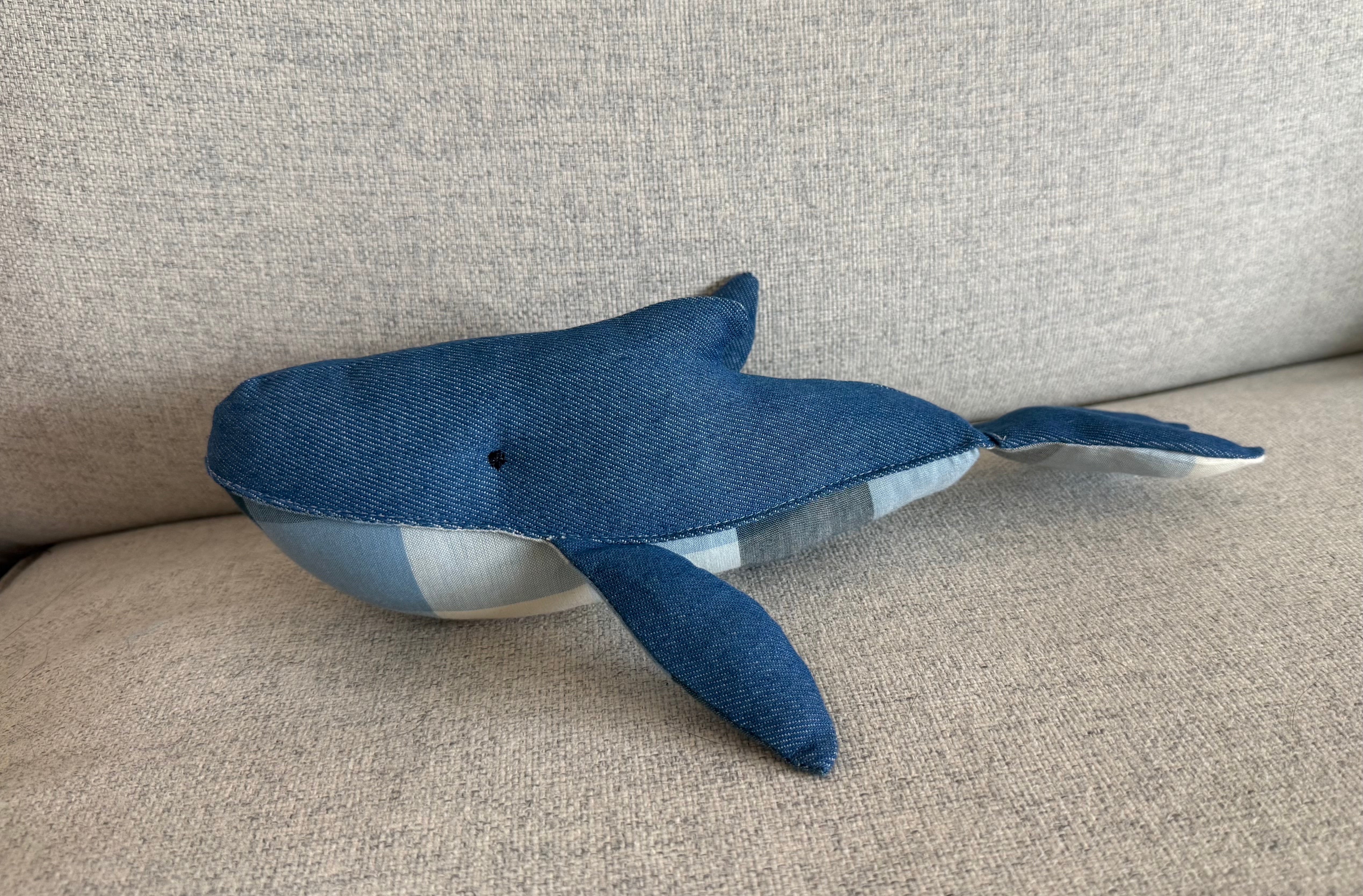 Handmade denim whale plushie, Baby nursery decor