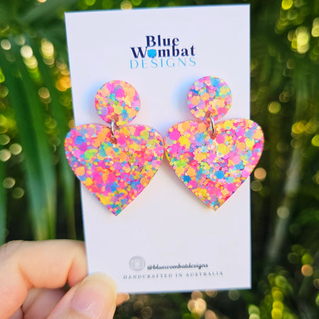 Love Heart Colourful Glitter Resin Dangle Earrings