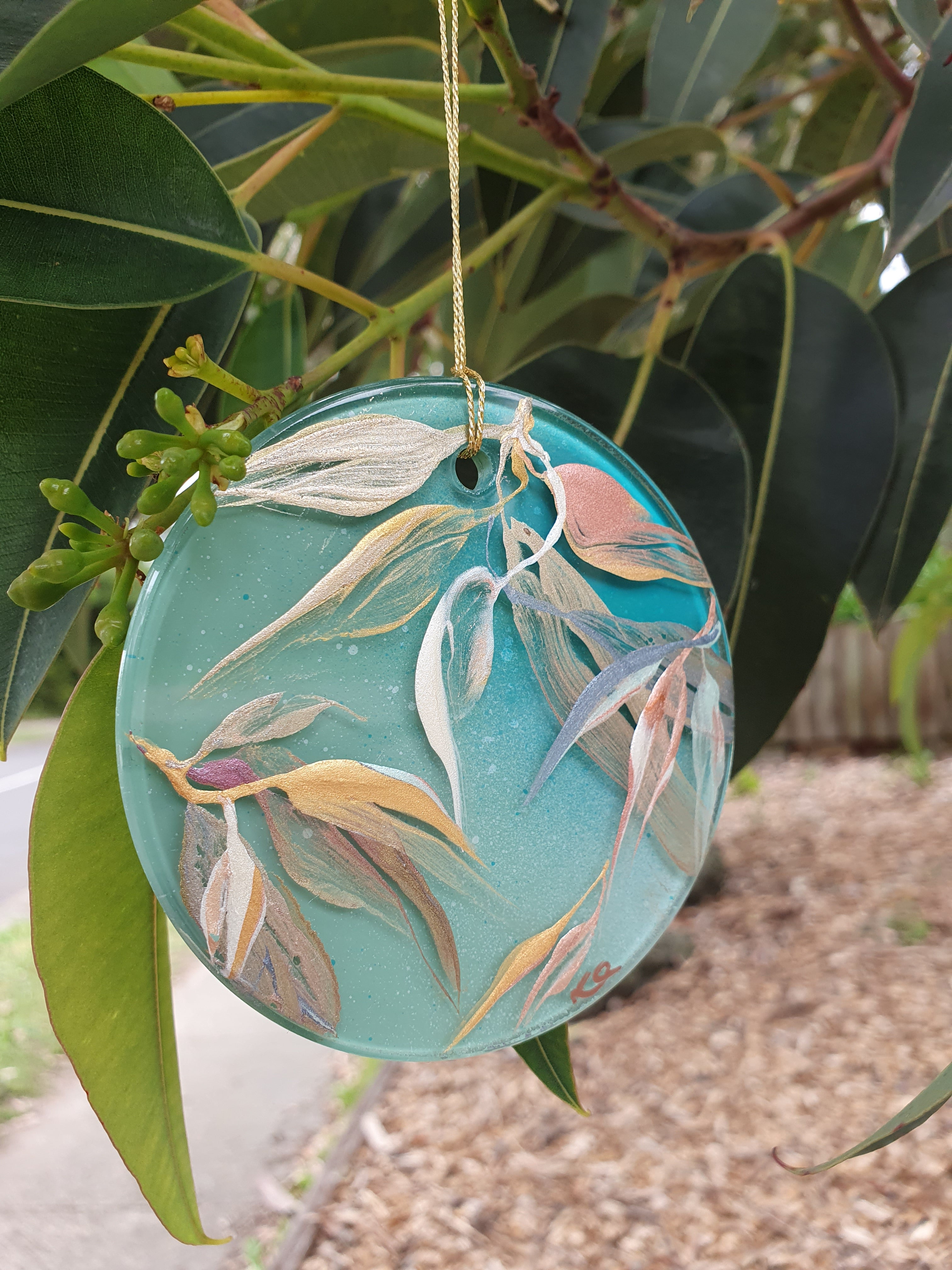 Glass Christmas Ornament | Hand-painted Australian Gum Leaf | Decoration