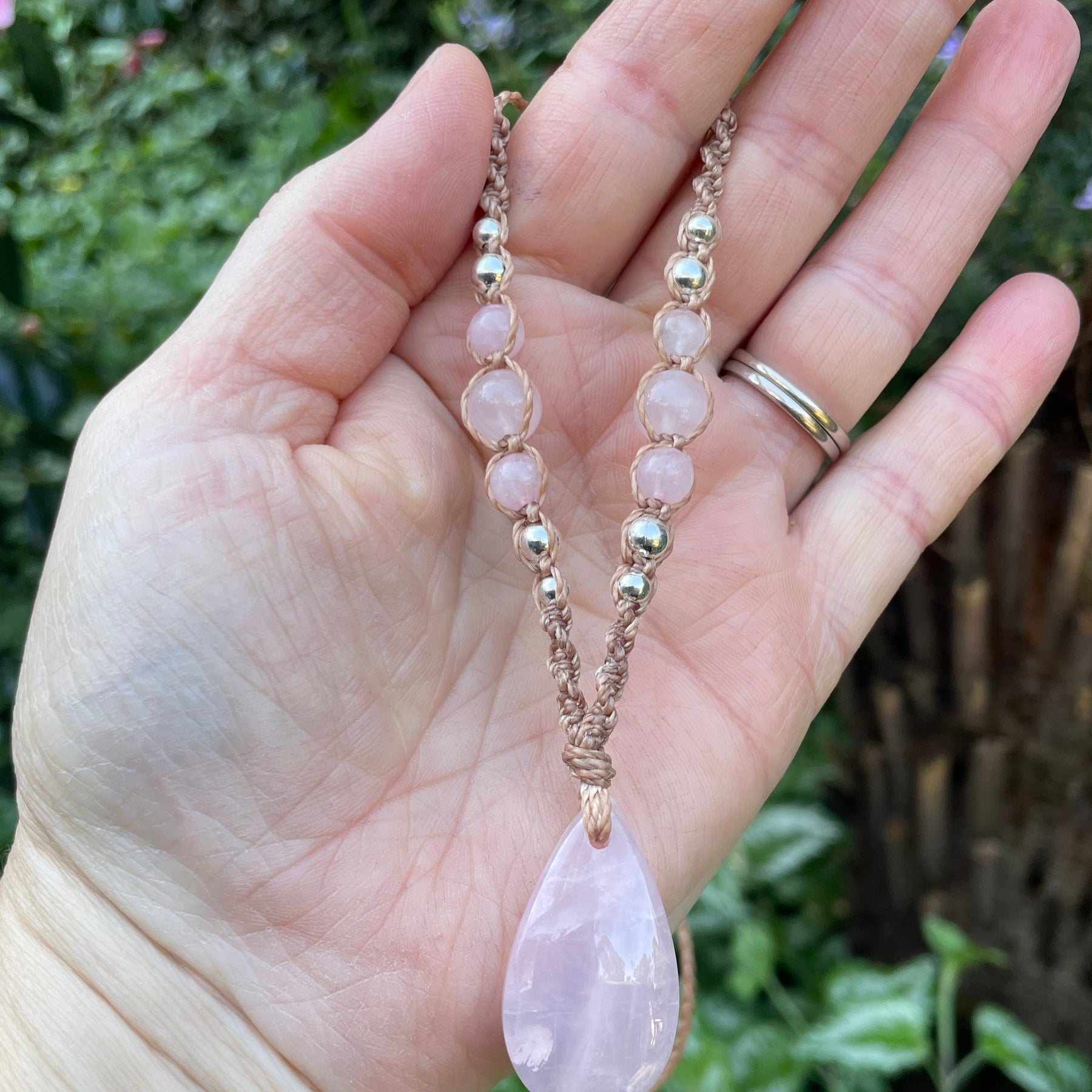 Rose Quartz Pendant, macrame necklace boho