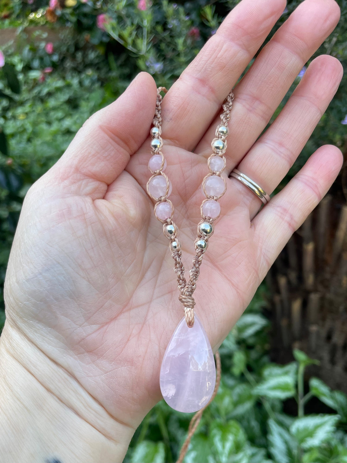 Rose Quartz Pendant, macrame necklace boho