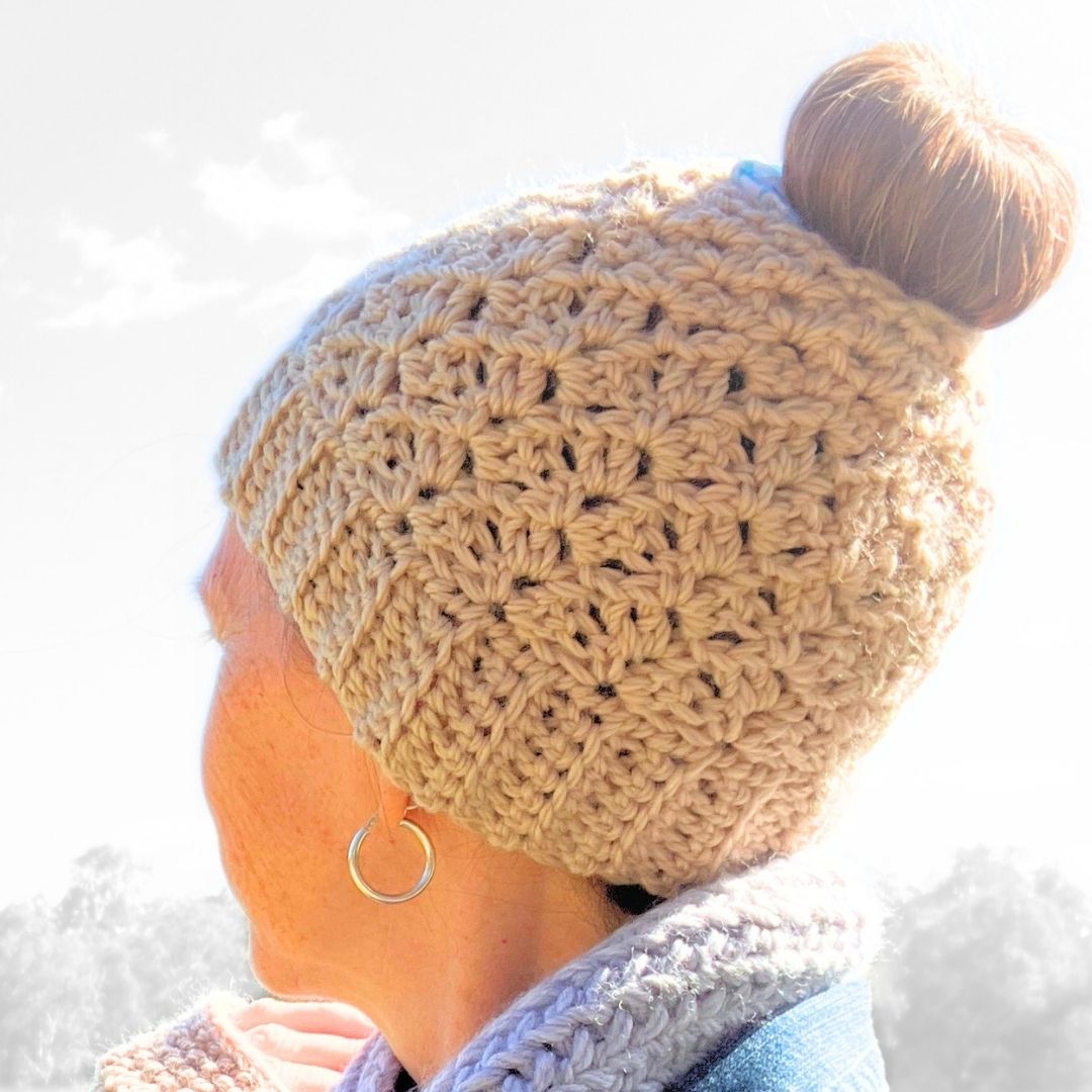 Flaxflower Ponytail Beanie - Handmade Crochet Beanie in Australian Merino Wool | Natural Straw