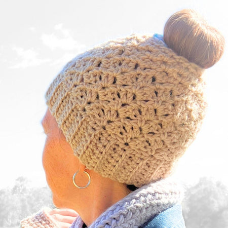 Flaxflower Ponytail Beanie - Handmade Crochet Beanie in Australian Merino Wool | Natural Straw