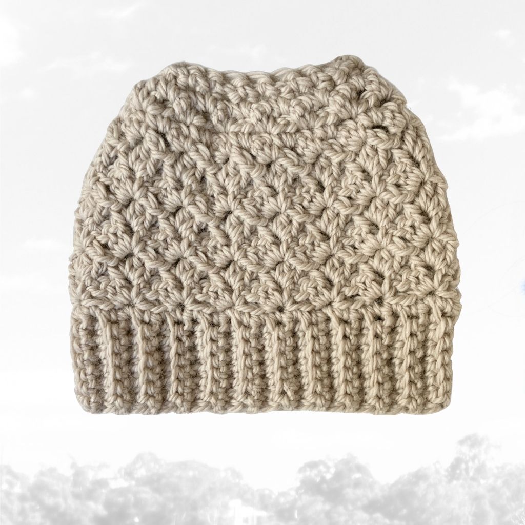 Flaxflower Ponytail Beanie - Handmade Crochet Beanie in Australian Merino Wool | Natural Straw