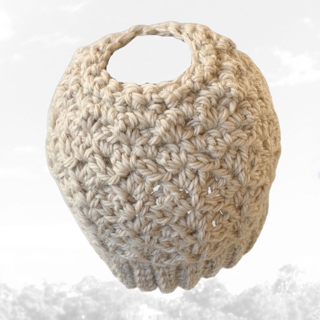 Flaxflower Ponytail Beanie - Handmade Crochet Beanie in Australian Merino Wool | Natural Straw