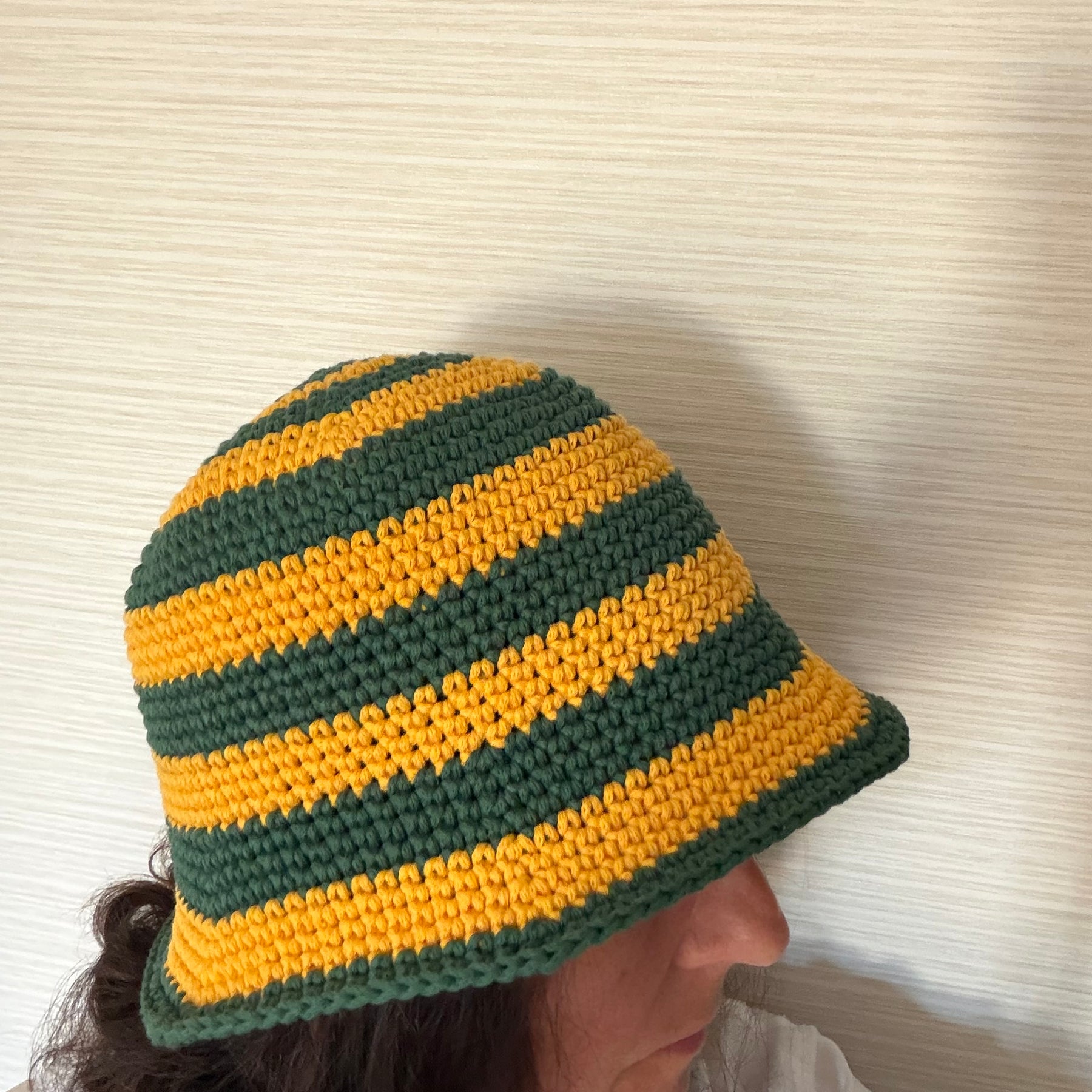 Handmade Australian Green & Gold Crochet Bucket Hat Cricket Season Hat