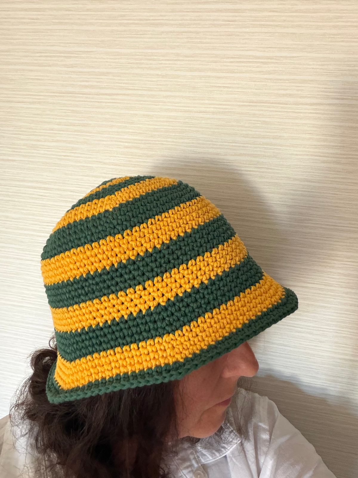 Handmade Australian Green & Gold Crochet Bucket Hat Cricket Season Hat