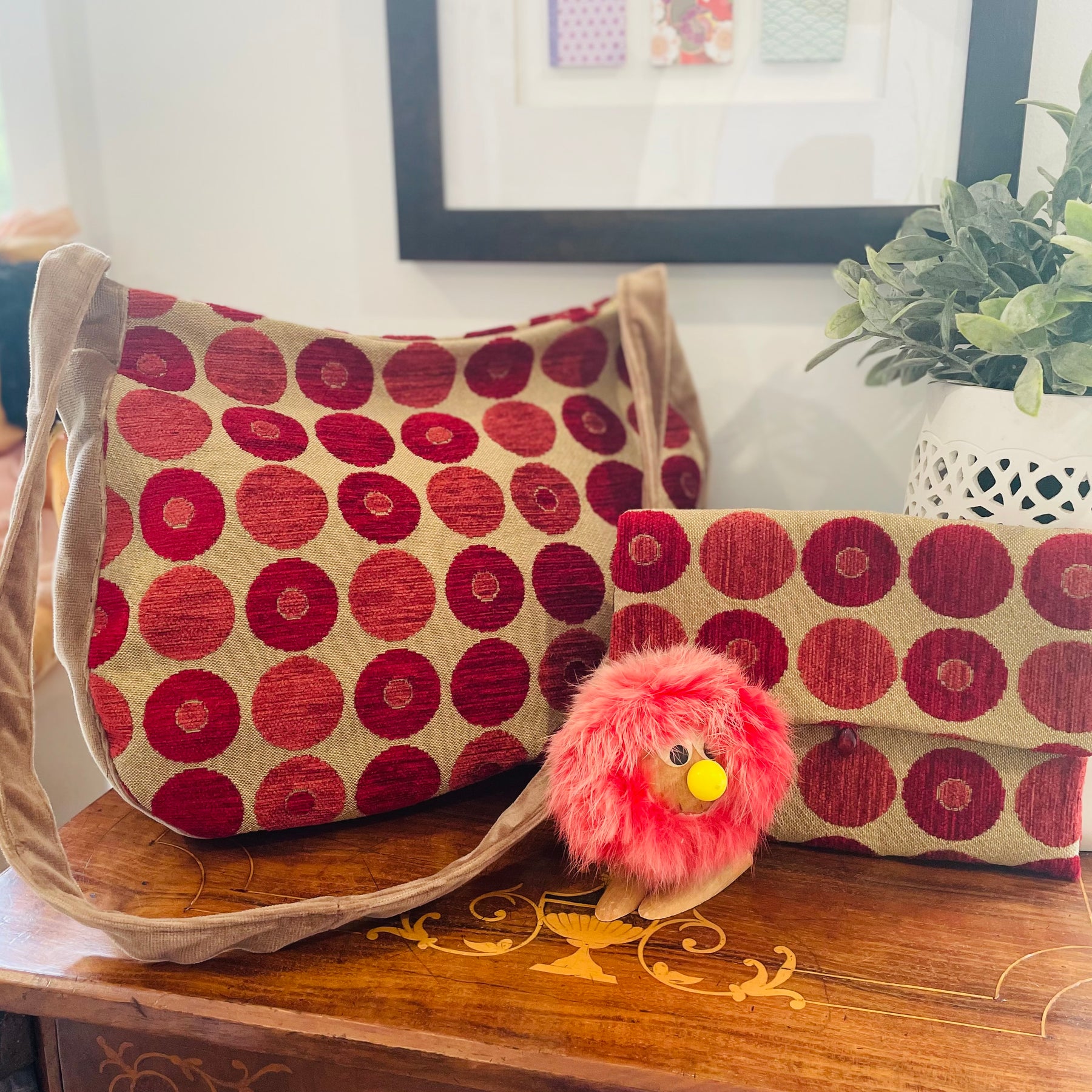 Red Spotty Velvet Tote Bag, Upcycled