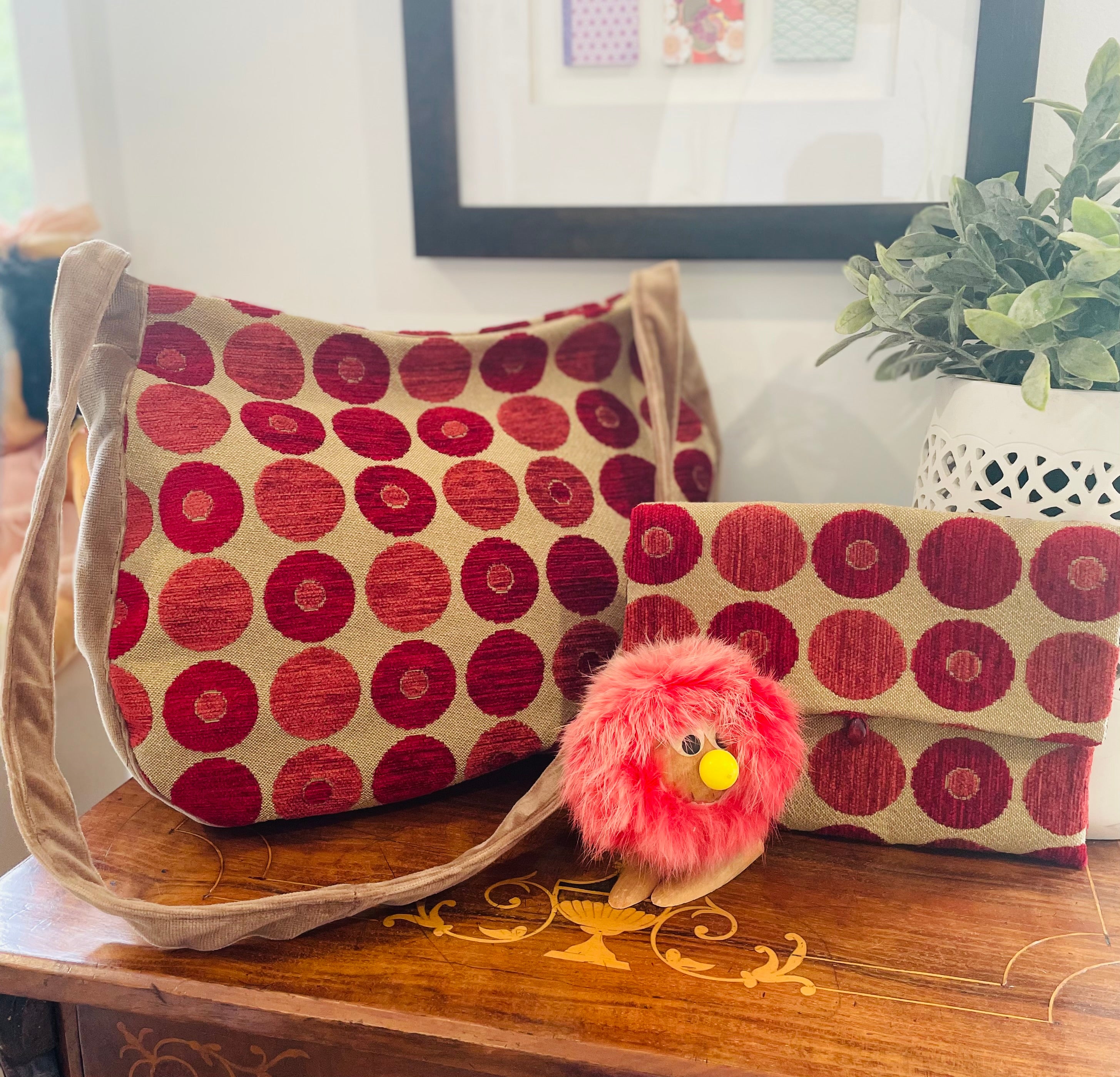 Red Spotty Velvet Tote Bag, Upcycled
