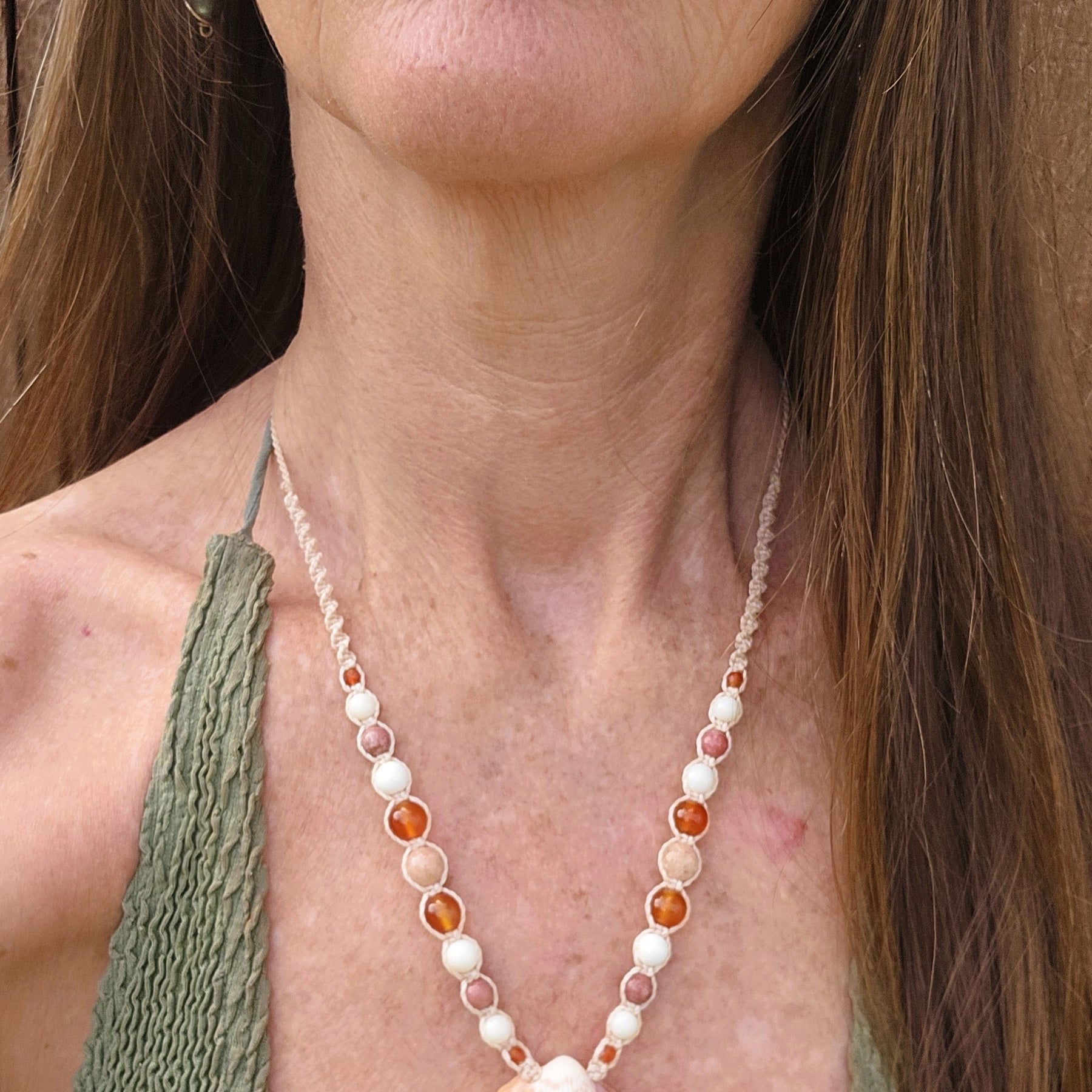 Cockle Shell Necklace with Carnelian, Peach Calcite & Thulite