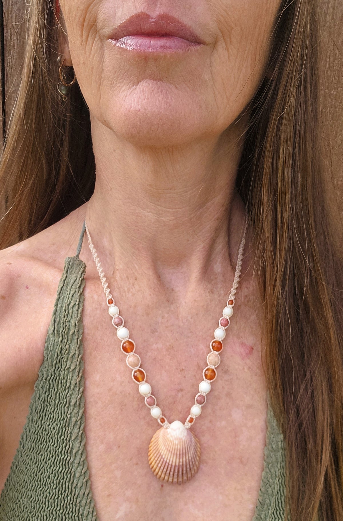 Cockle Shell Necklace with Carnelian, Peach Calcite & Thulite