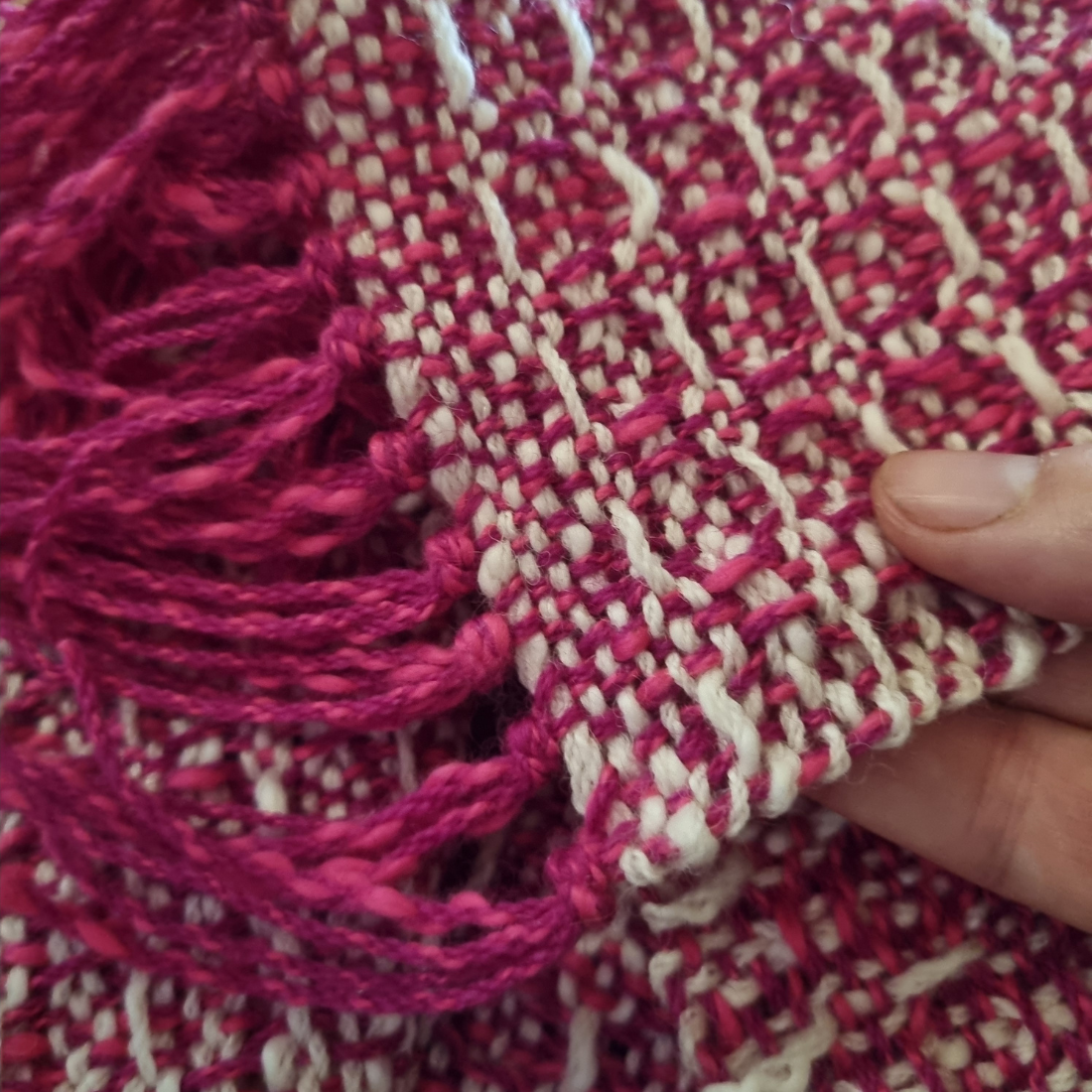 Cozy pink and white waffle-weave scarf