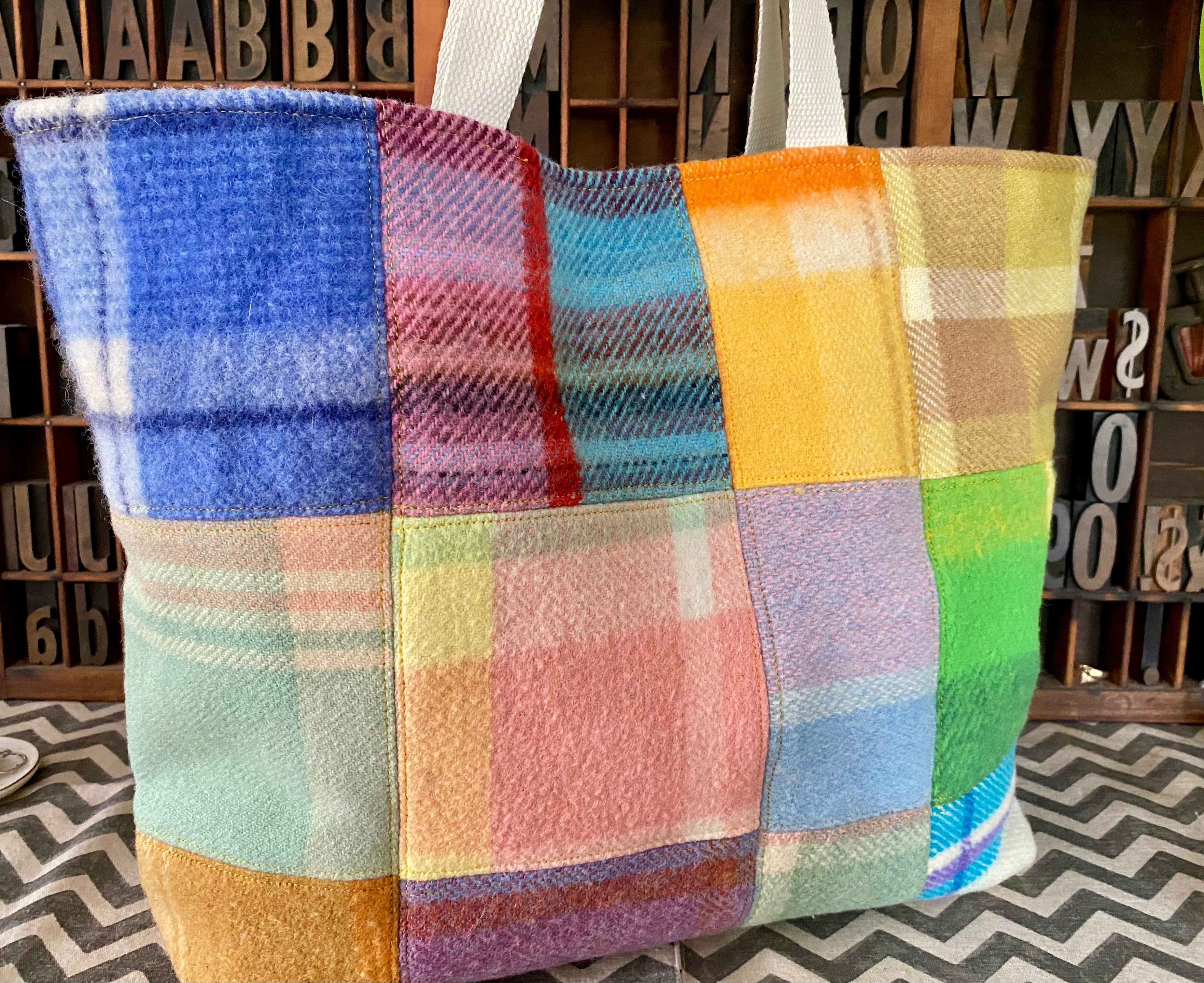 Upcycled Woollen Blanket - Market Tote - Patchwork