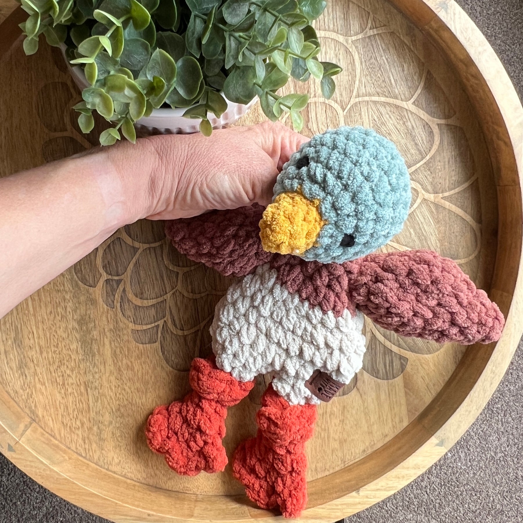 Handmade crochet Mini mallard Duck modern lovey with knotted legs.
