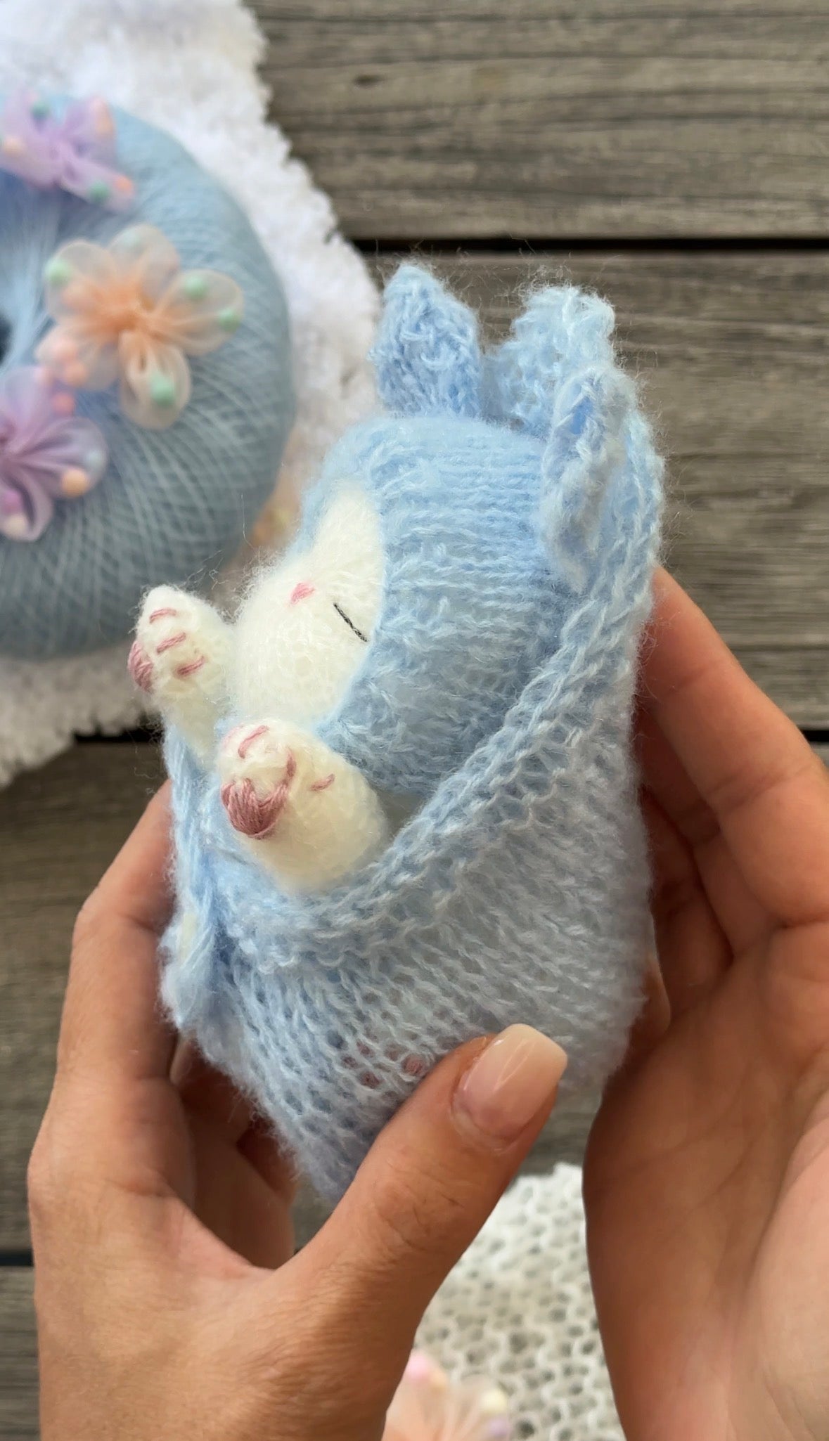 Handmade White Knitted Sleeping Kitten in Blue Bunny Bonnet and Blanket with Butterfly Toy