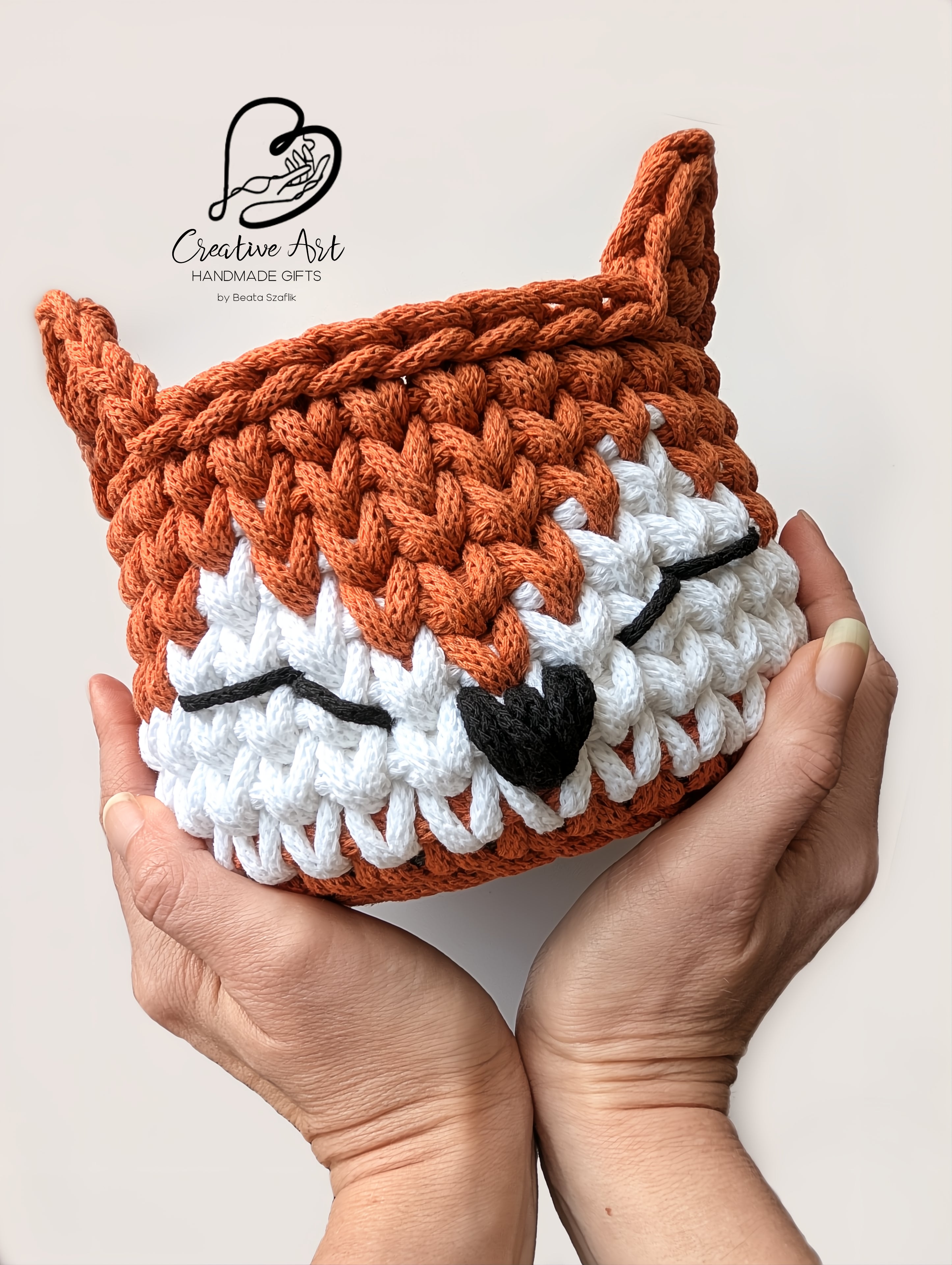 Fox Crochet Basket on wooden base