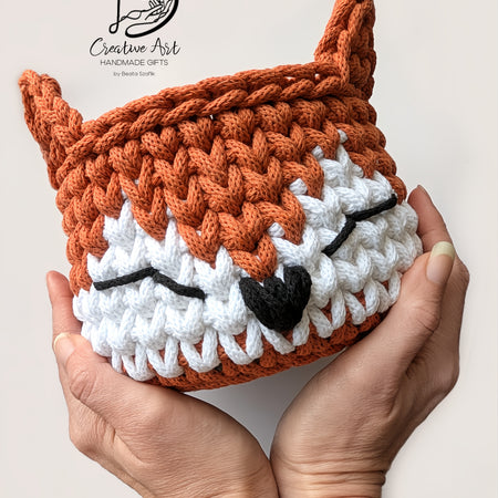 Fox Crochet Basket on wooden base