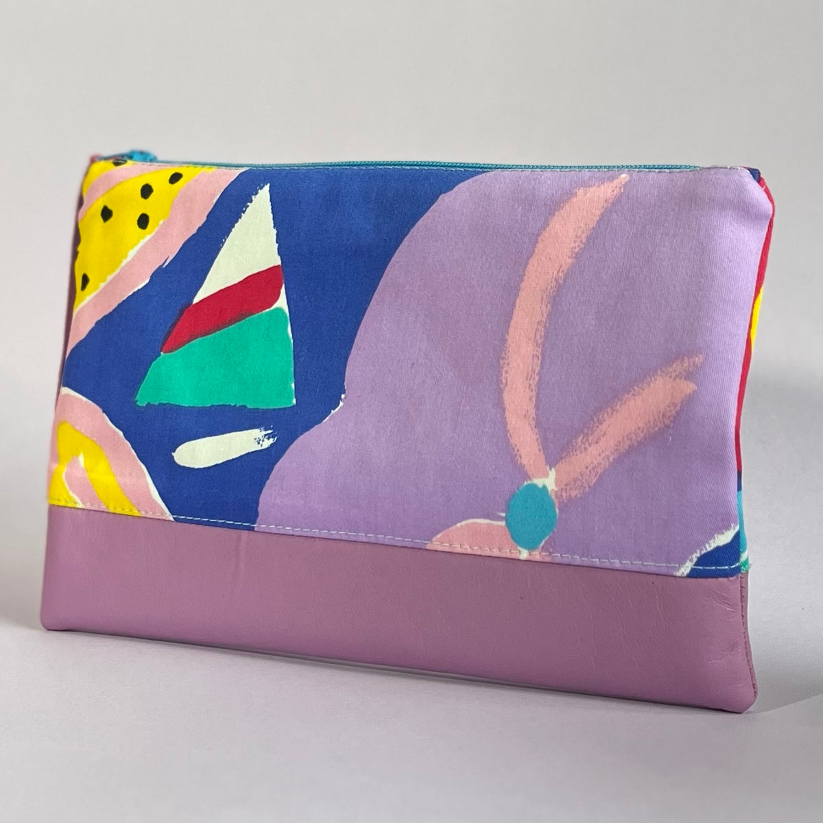 Colourful, repurposed vintage fabric zip POUCH with leather