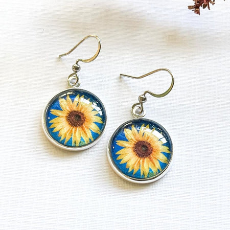 Sunflower Earrings to Make you Smile • Handmade with Paper and Glass