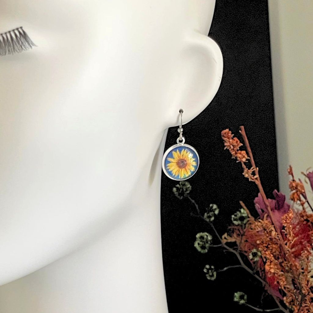 Sunflower Earrings to Make you Smile • Handmade with Paper and Glass