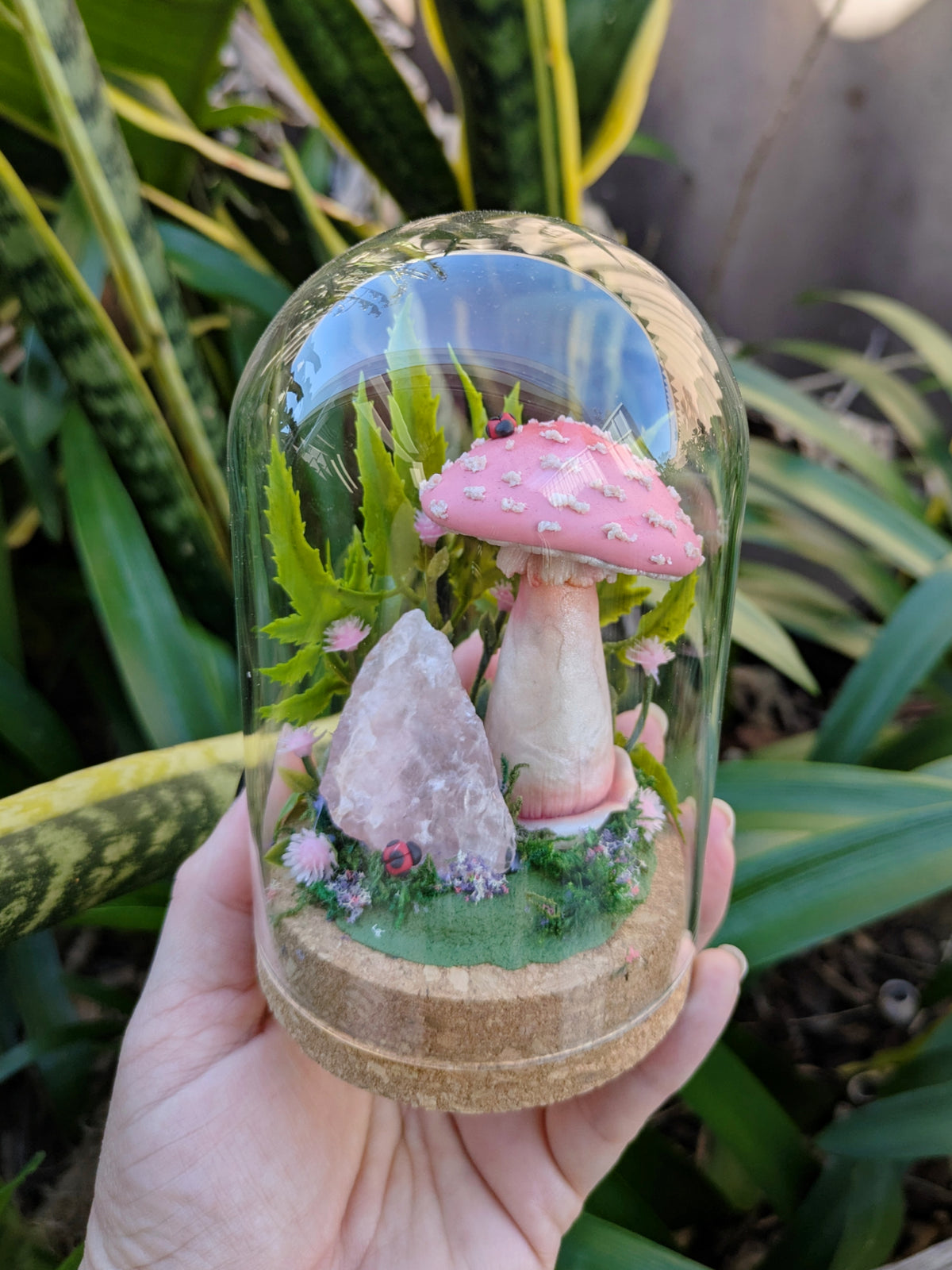 Enchanted Pink Mushroom & Rose Quartz Dome